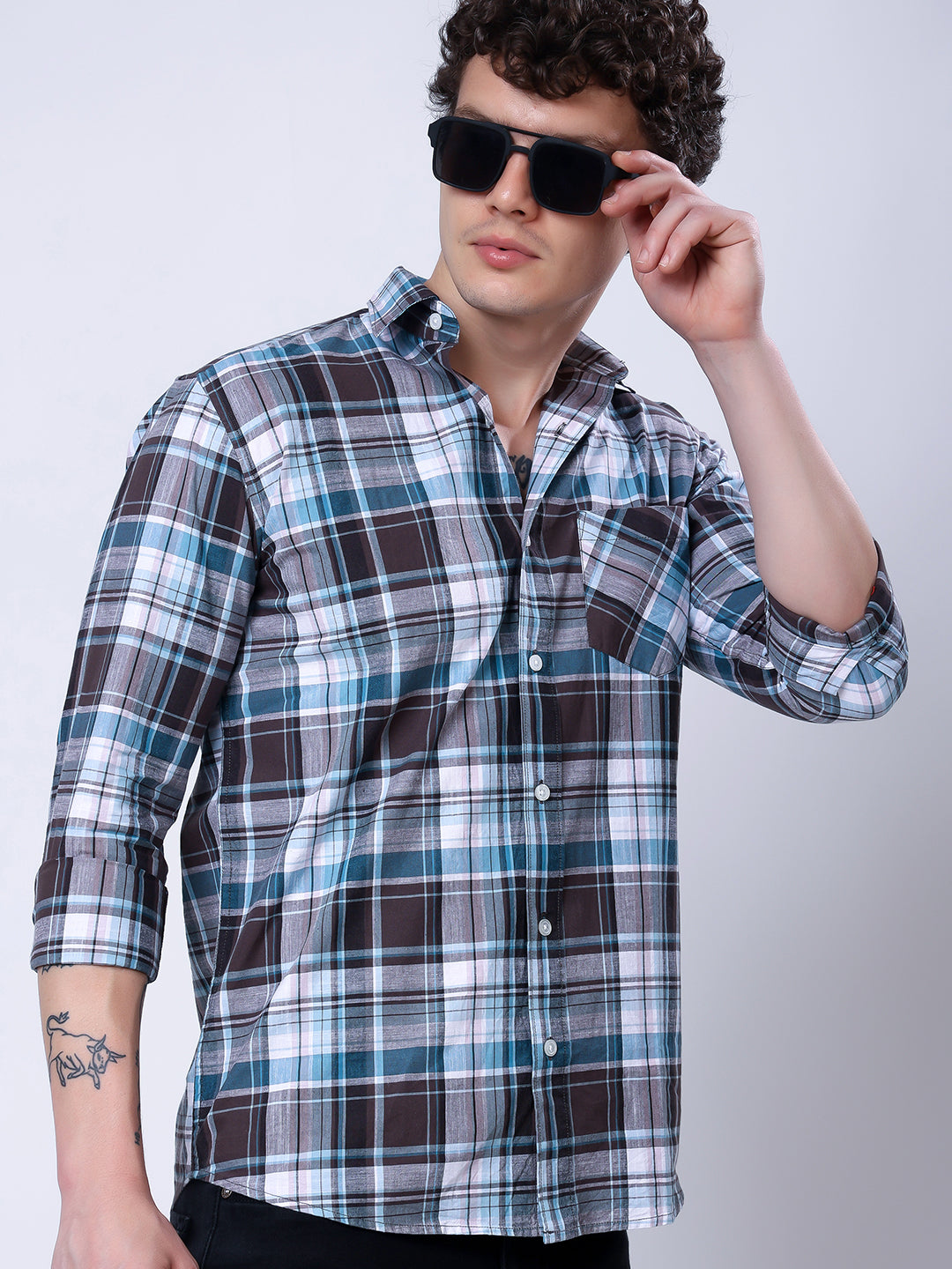 Stylox Men’s Regular Fit Full Sleeve Casual Check Shirt–Brown & Teal - Stylox