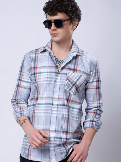 Stylox Men’s Regular Fit Full Sleeve Casual Check Shirt–Grey &amp; Brown - Stylox