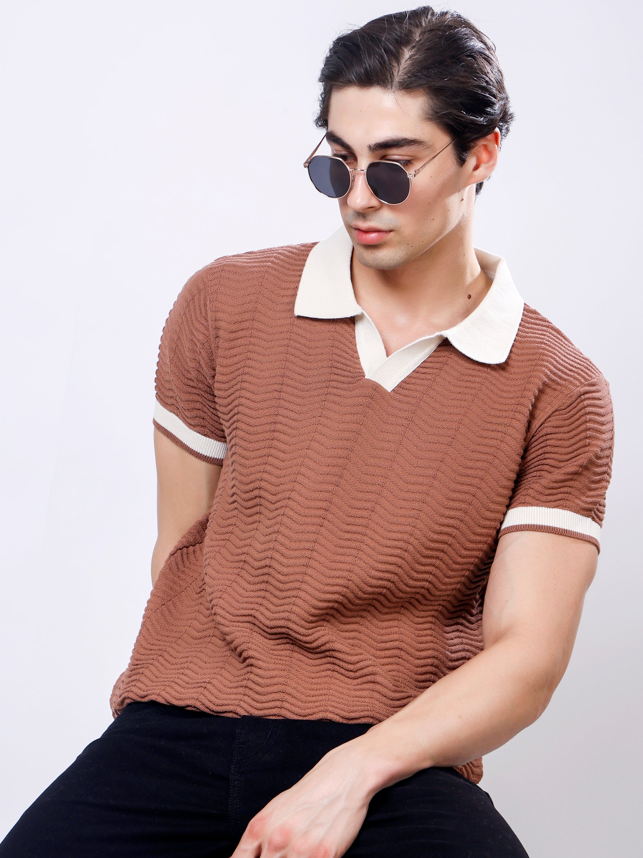 Stylox Men's Regular Fit Half Sleeve Textured Knitted Contrast Collar Polo Tee