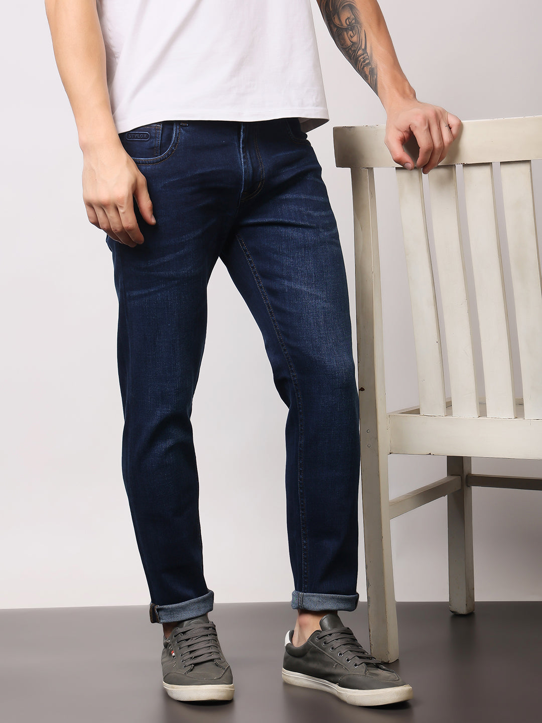 Stylox Men’s Ankle Fit Mid-Rise Washed Stretchable Denim Jeans - Stylox