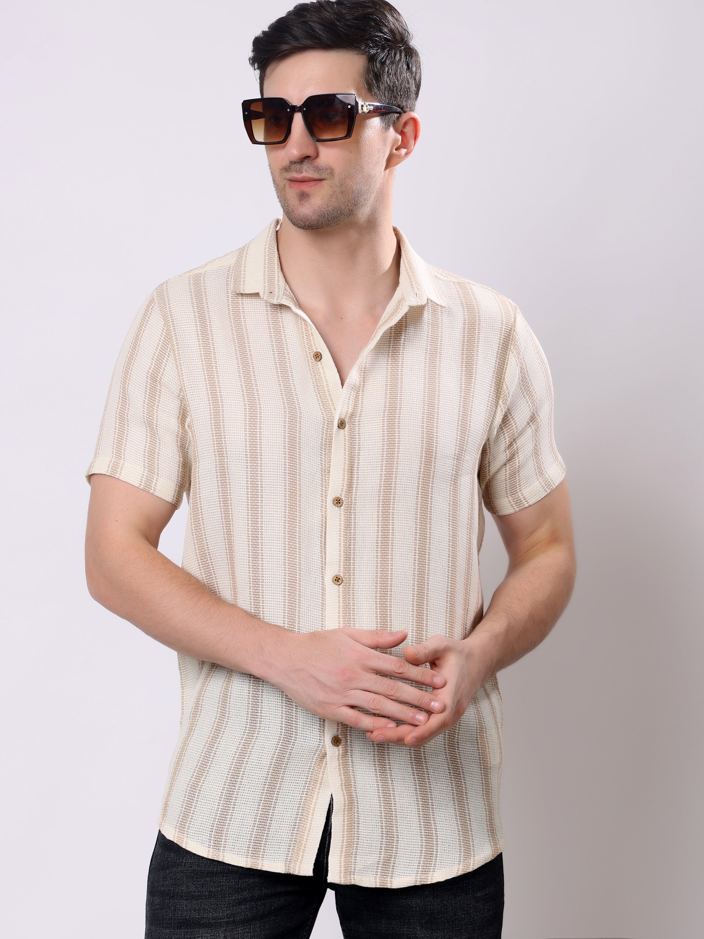 Stylox Men’s Regular Fit Half Sleeve Striped Casual Shirt-Brown - Stylox