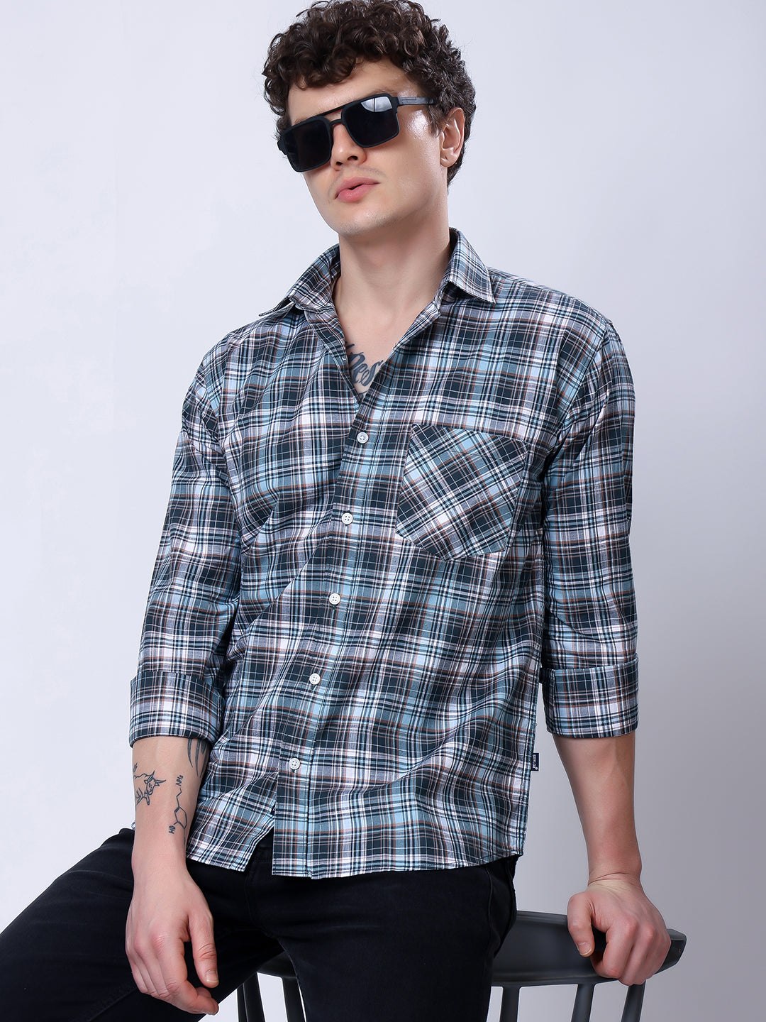 Stylox Men’s Regular Fit Full Sleeve Casual Check Shirt–Green & Grey - Stylox