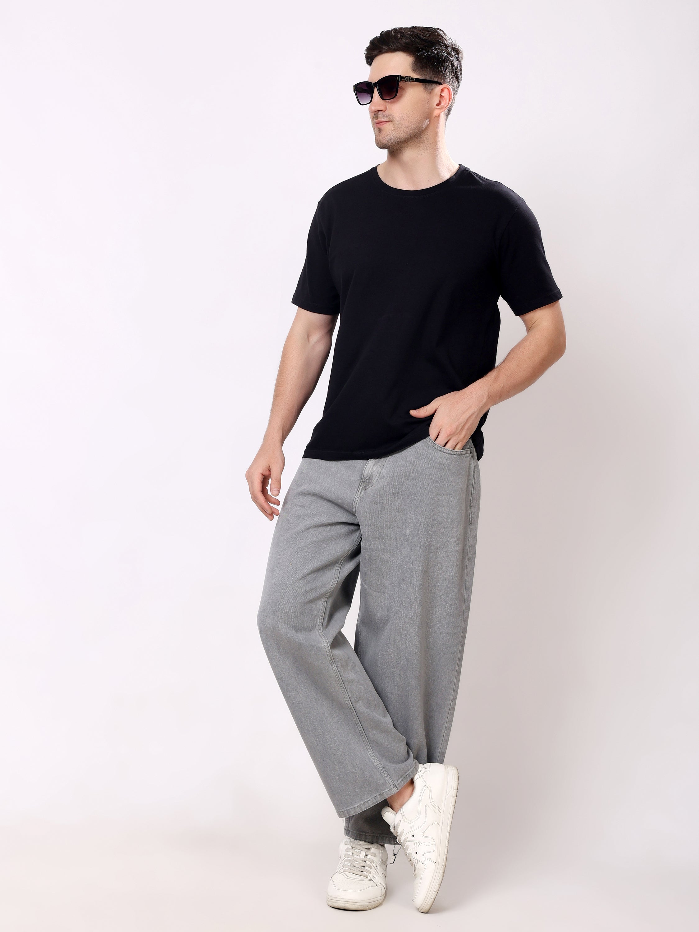 Stylox Men's Light Grey Super Baggy Fit Non-Stretchable Denim Jeans