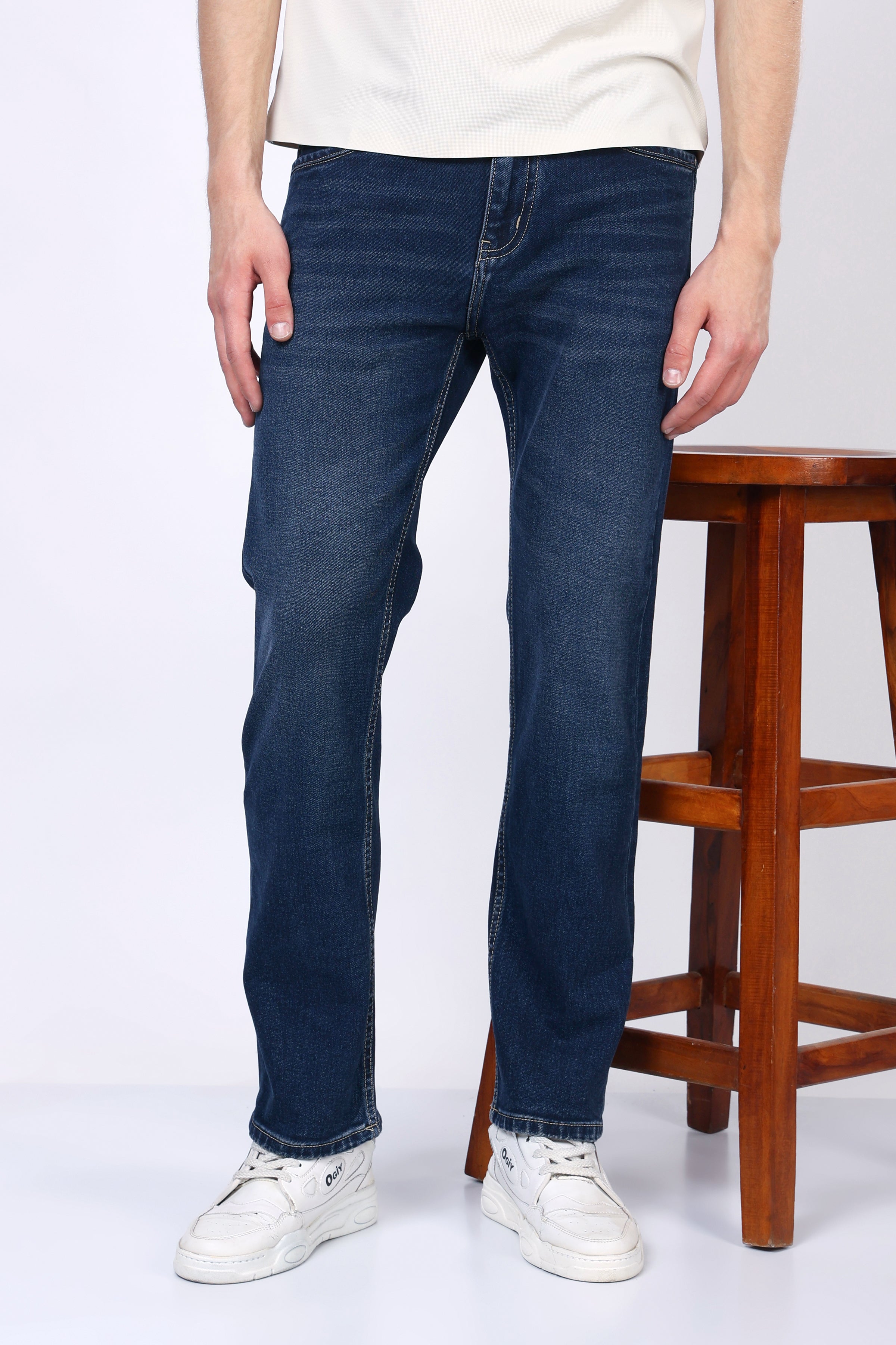 Stylox Men’s Mid-Rise Comfort Fit Stretchable Mid Dark Blue Denim Jeans - Stylox