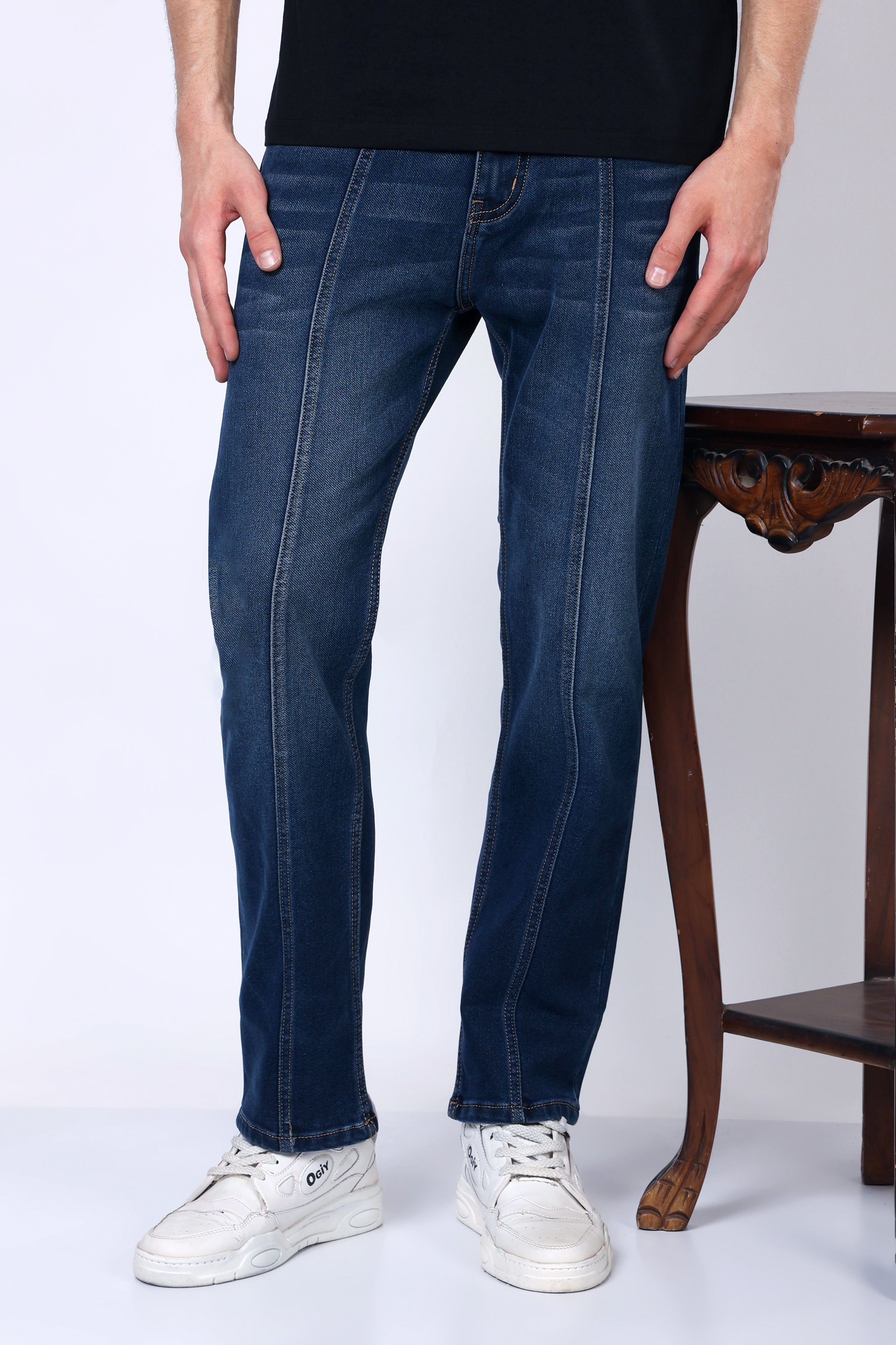 Stylox Men’s Mid-Rise Comfort Fit Stretchable Dark Blue Denim Jeans with Panel Stitch Detailing - Stylox