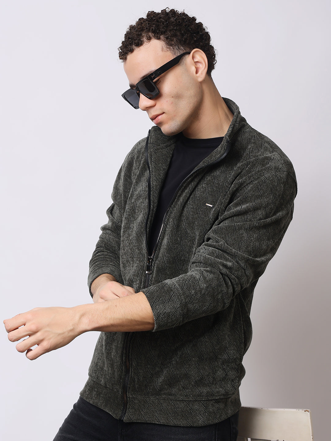 Stylox Men’s Textured Winter Jacket – High-Neck Full-Zip Warm Fleece Jacket for Casual &amp; Daily Wear