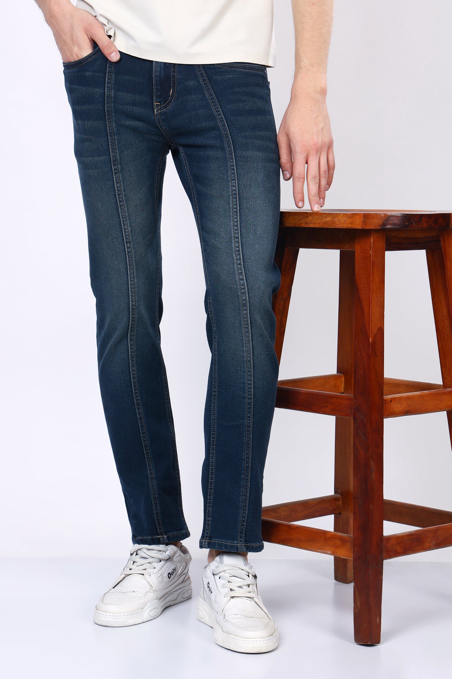 Stylox Men’s Mid-Rise Comfort Fit Stretchable Greenish Blue Denim Jeans with Panel Stitch Detailing - Stylox