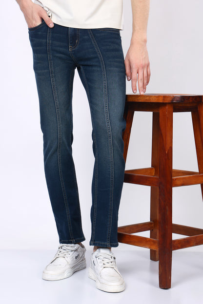 Stylox Men’s Mid-Rise Comfort Fit Stretchable Greenish Blue Denim Jeans with Panel Stitch Detailing - Stylox