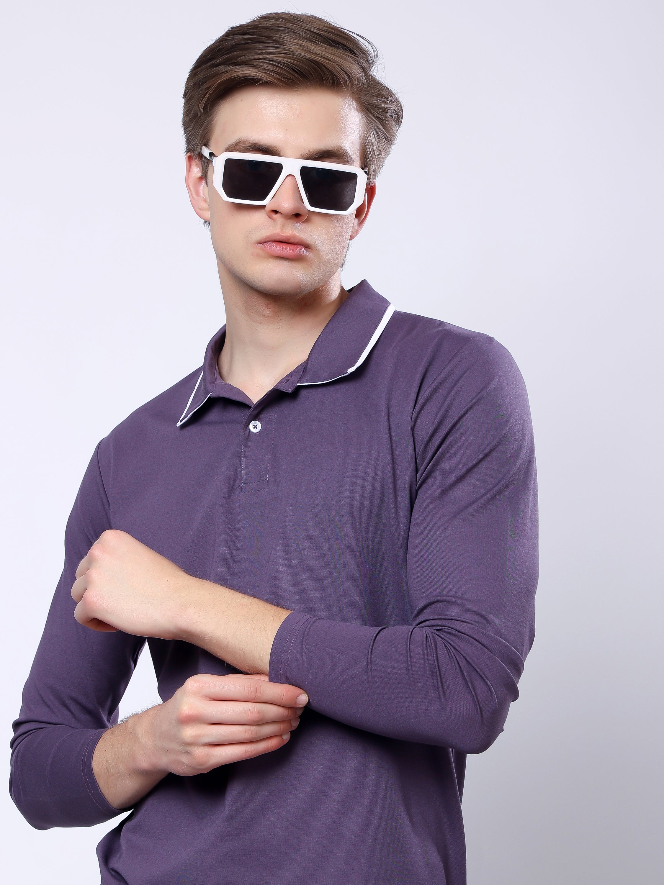 Stylox Men’s Regular Fit Solid Full Sleeve Polo T-Shirt with Contrast Collar - Stylox
