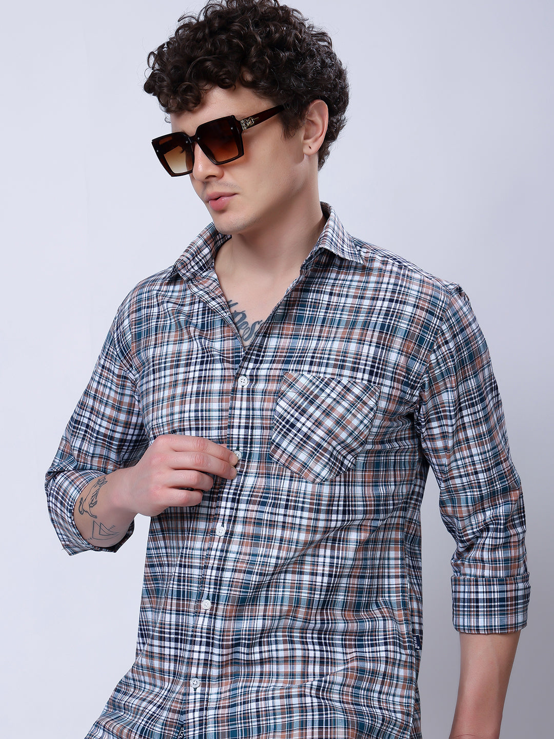 Stylox Men’s Regular Fit Full Sleeve Casual Check Shirt–Grey &amp; Brown - Stylox