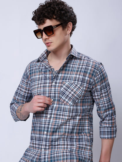 Stylox Men’s Regular Fit Full Sleeve Casual Check Shirt–Grey &amp; Brown - Stylox