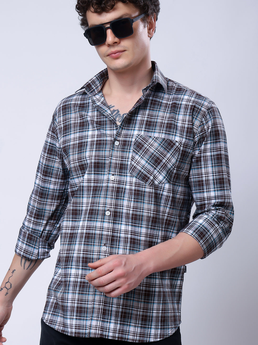 Stylox Men’s Regular Fit Full Sleeve Casual Check Shirt–Grey & Brown - Stylox
