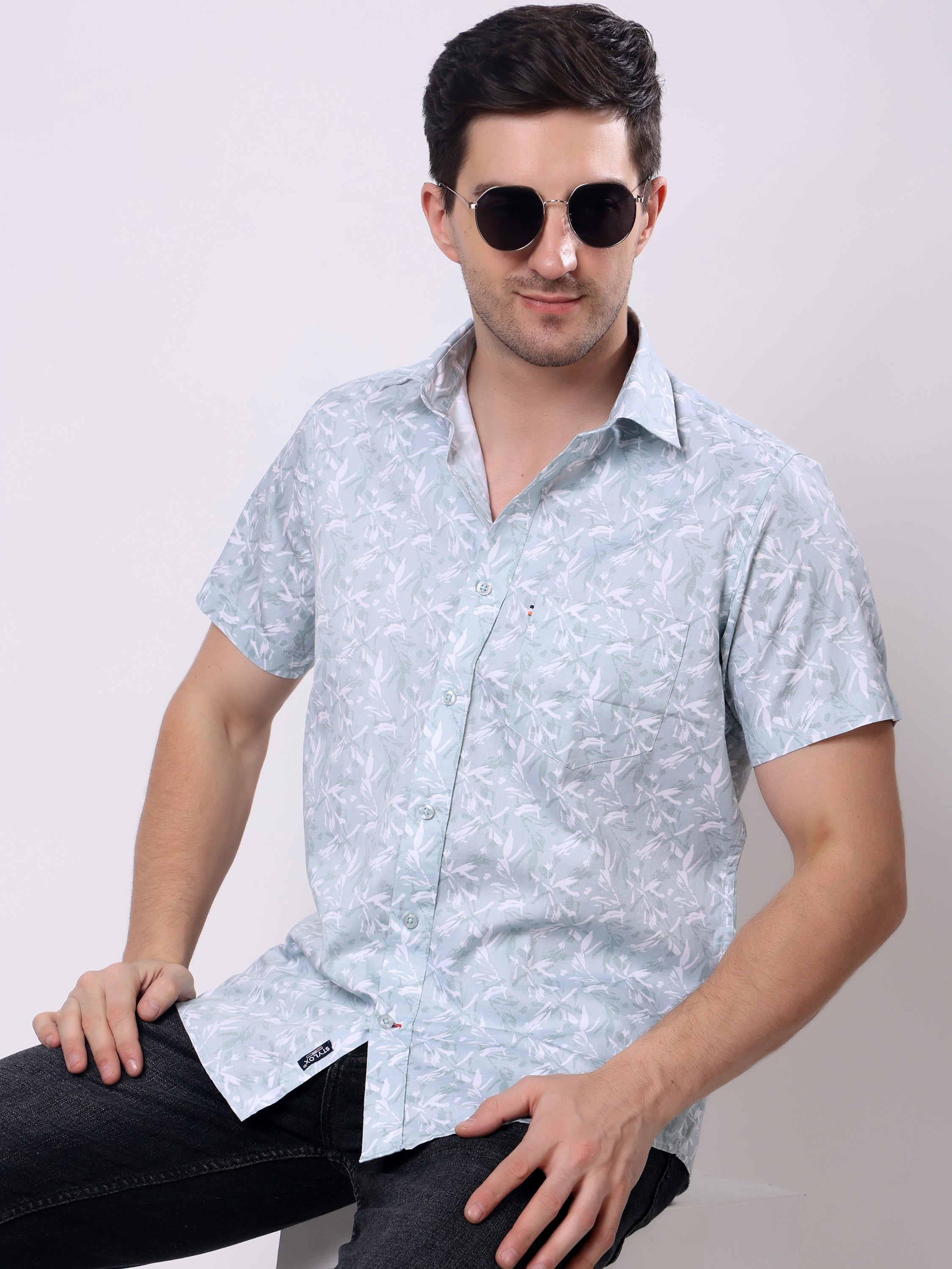 Stylox Men’s Regular Fit Half Sleeve Leaf Print Cotton Summer Casual Shirt - Stylox