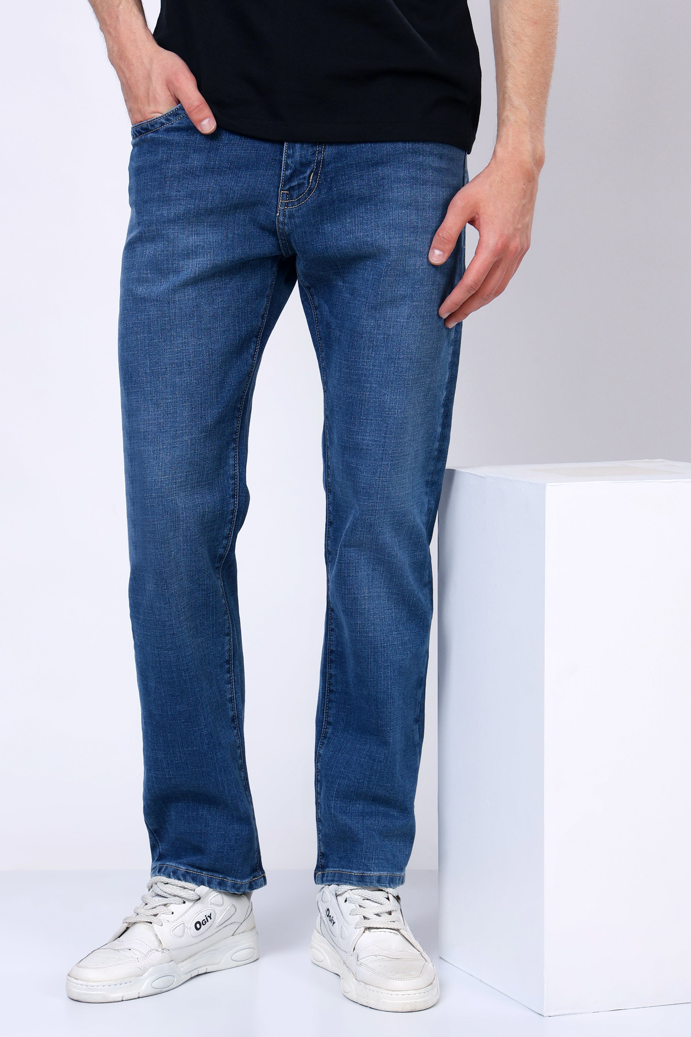 Stylox Men’s Comfort Fit Stretchable Mid Dark Blue Denim Jeans - Stylox