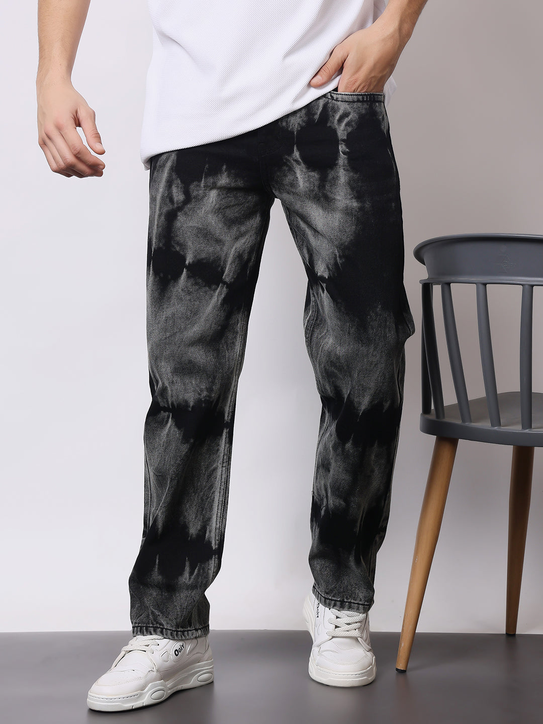 Stylox Men’s Relaxed Fit Black Tie-Dye Washed Jeans | Trendy Acid Wash Straight Fit Denim for Streetwear Style - Stylox