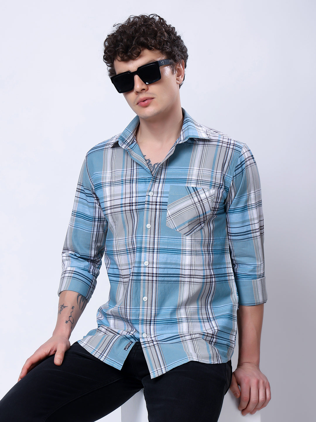 Stylox Men’s Regular Fit Full Sleeve Casual Check Shirt–Grey &amp; Sky Blue - Stylox