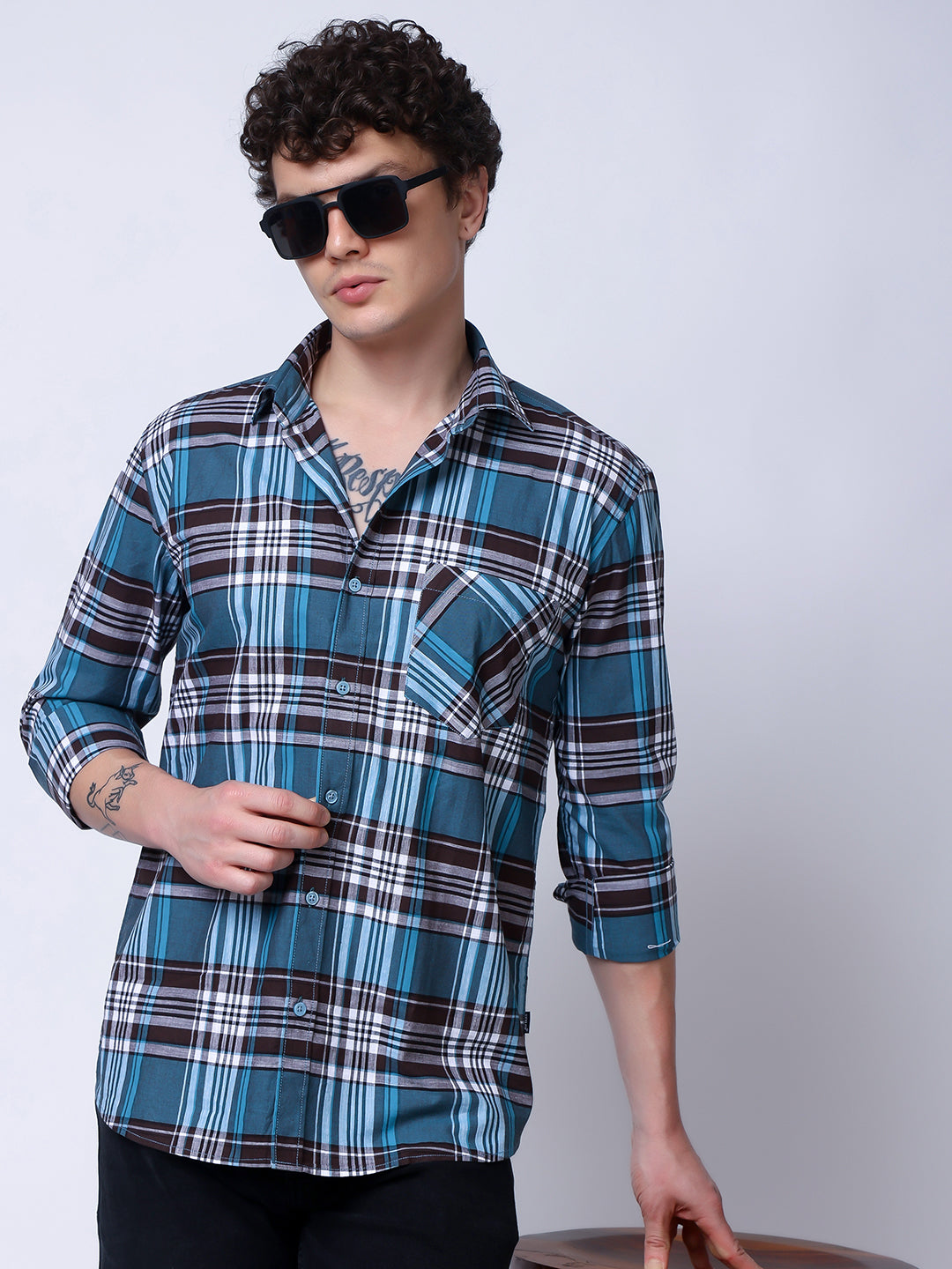 Stylox Men’s Regular Fit Full Sleeve Casual Check Shirt–Teal & Brown - Stylox