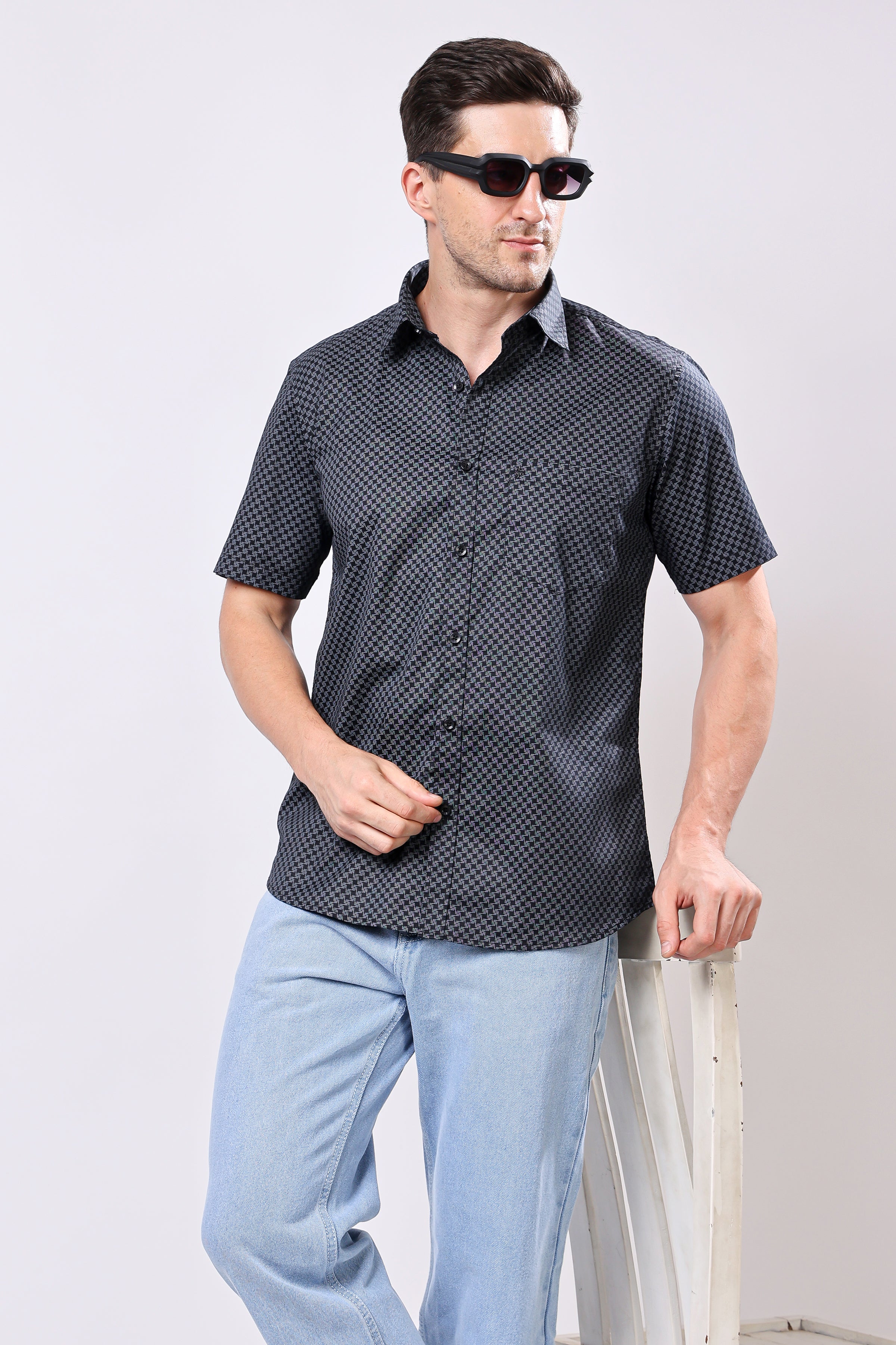 Stylox Men's Half Sleeve Geometric Print Casual Shirt – Premium Cotton Blend Regular Fit Summer Shirt - Stylox