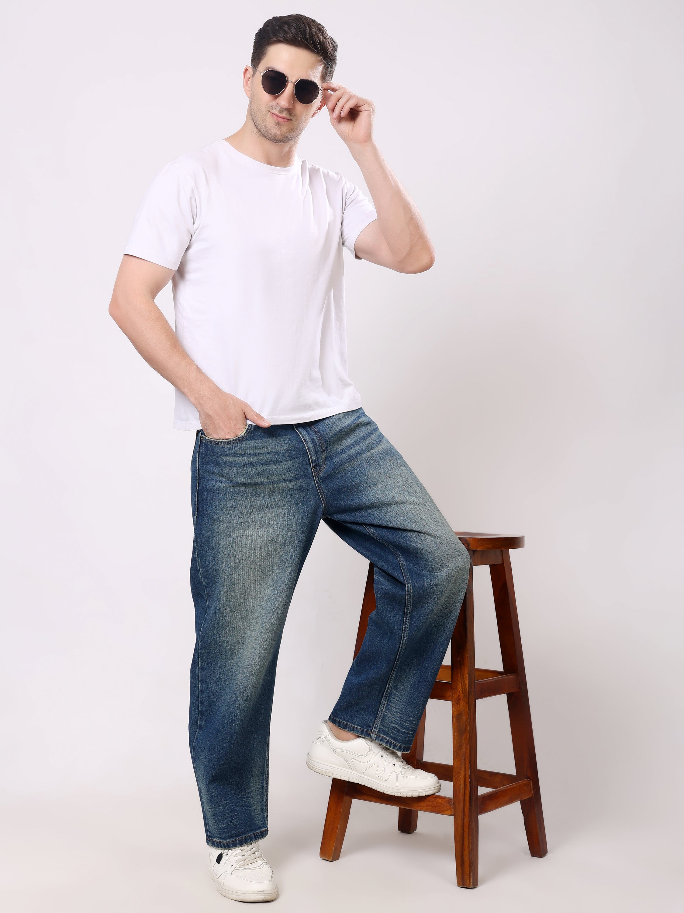 Stylox Men’s Super Baggy Fit Wide Leg Denim Jeans-Light Indigo