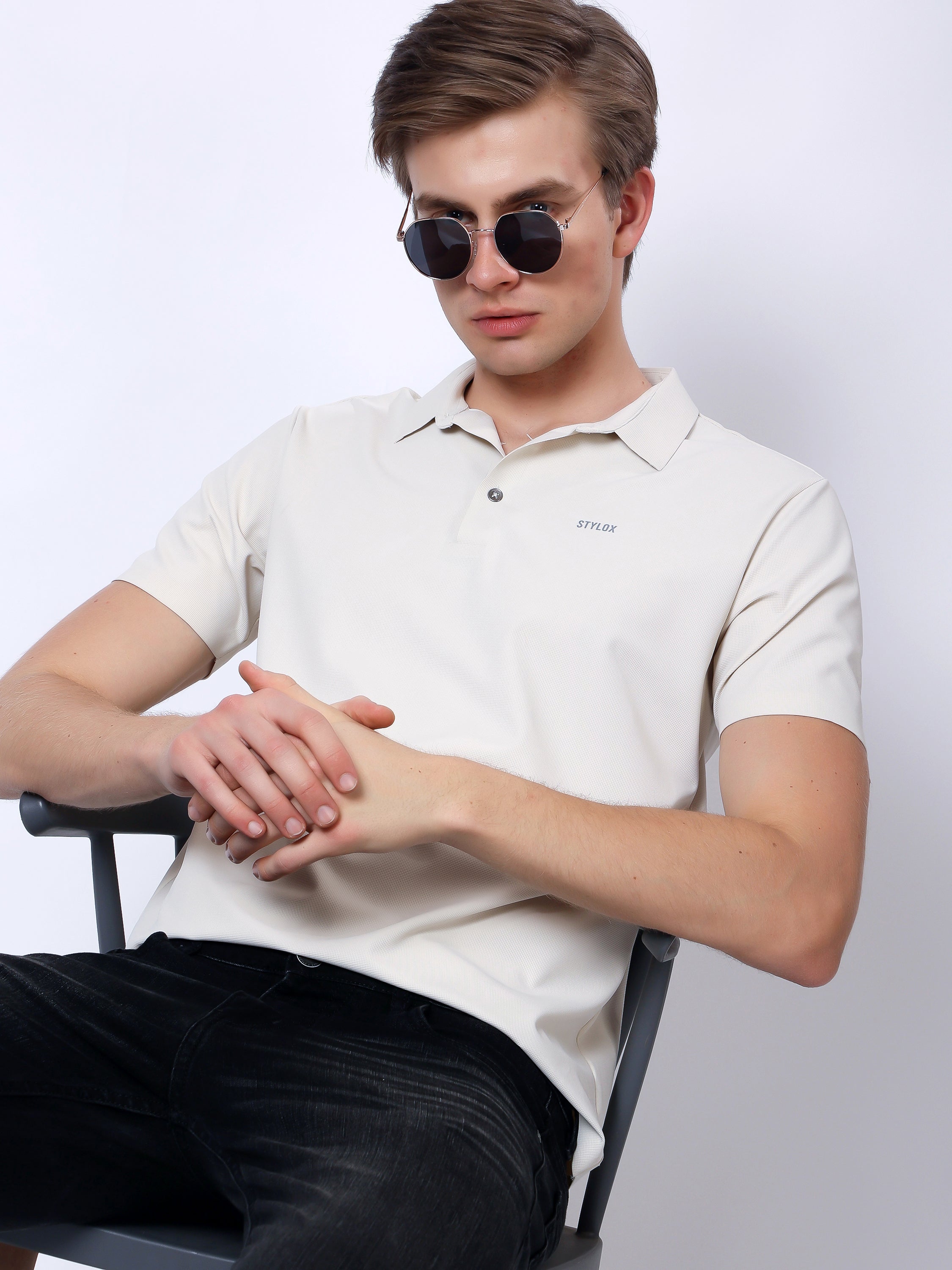 Stylox Men’s Premium Regular Fit Stretchable Polo T-Shirt–Light Beige - Stylox