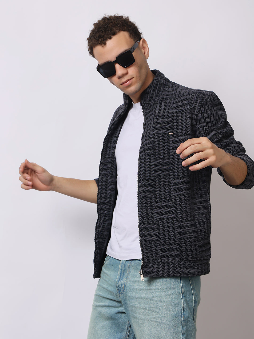 Stylox Men’s Black Textured Full-Zip Winter Jacket – Warm Fleece-Lined High Neck Sweatshirt for Casual Wear