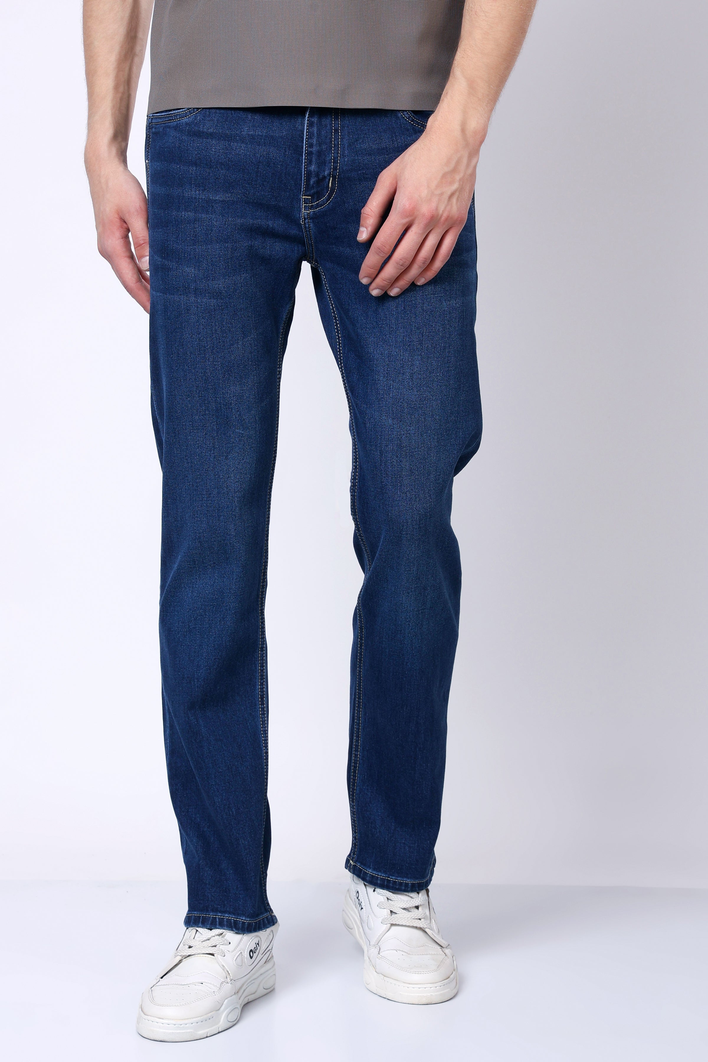 Stylox Men’s Mid-Rise Comfort Fit Stretchable Mid Dark Blue Denim Jeans - Stylox