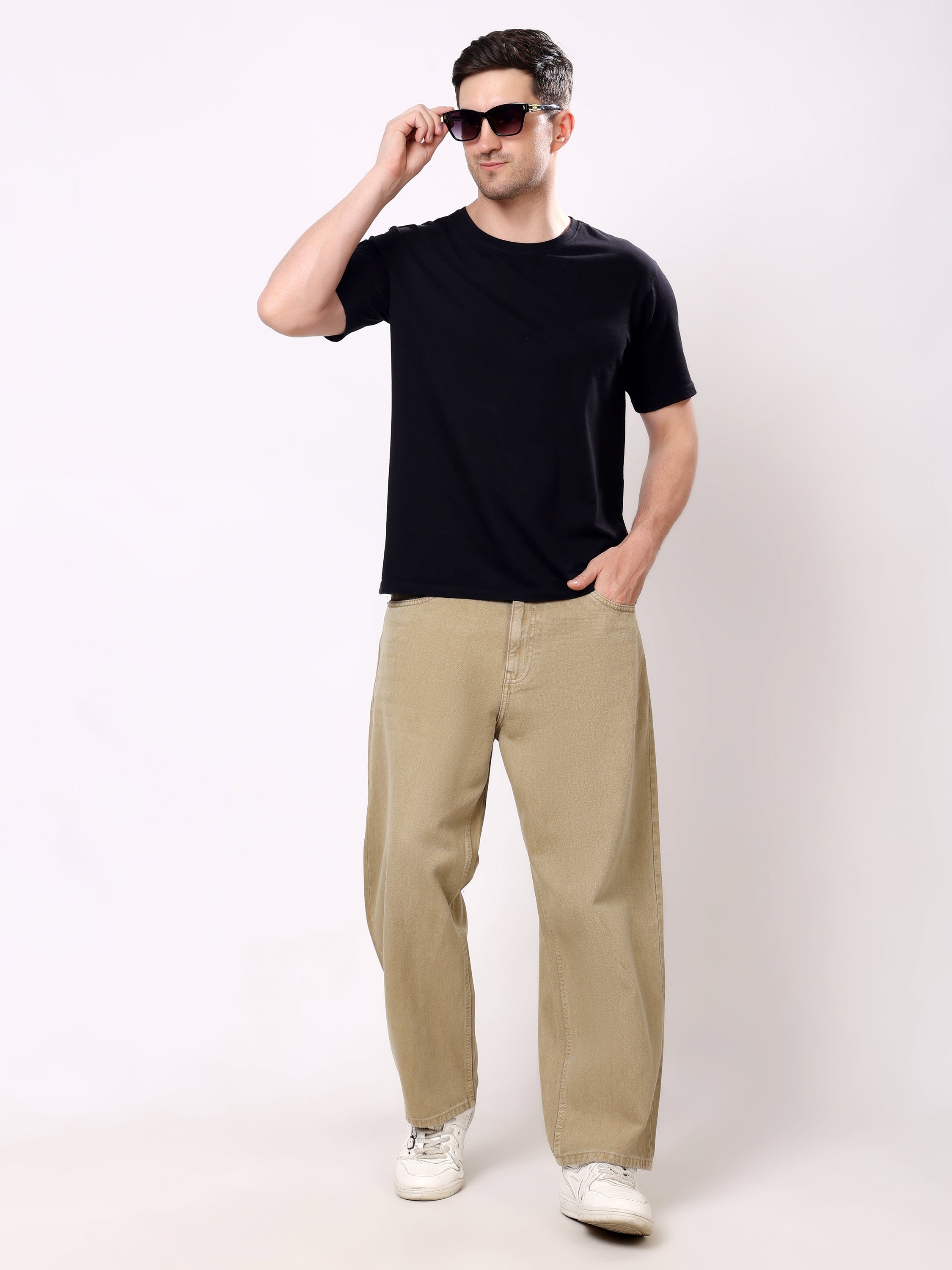 Stylox Men's Khaki Super Baggy Fit Non-Stretchable Denim Jeans