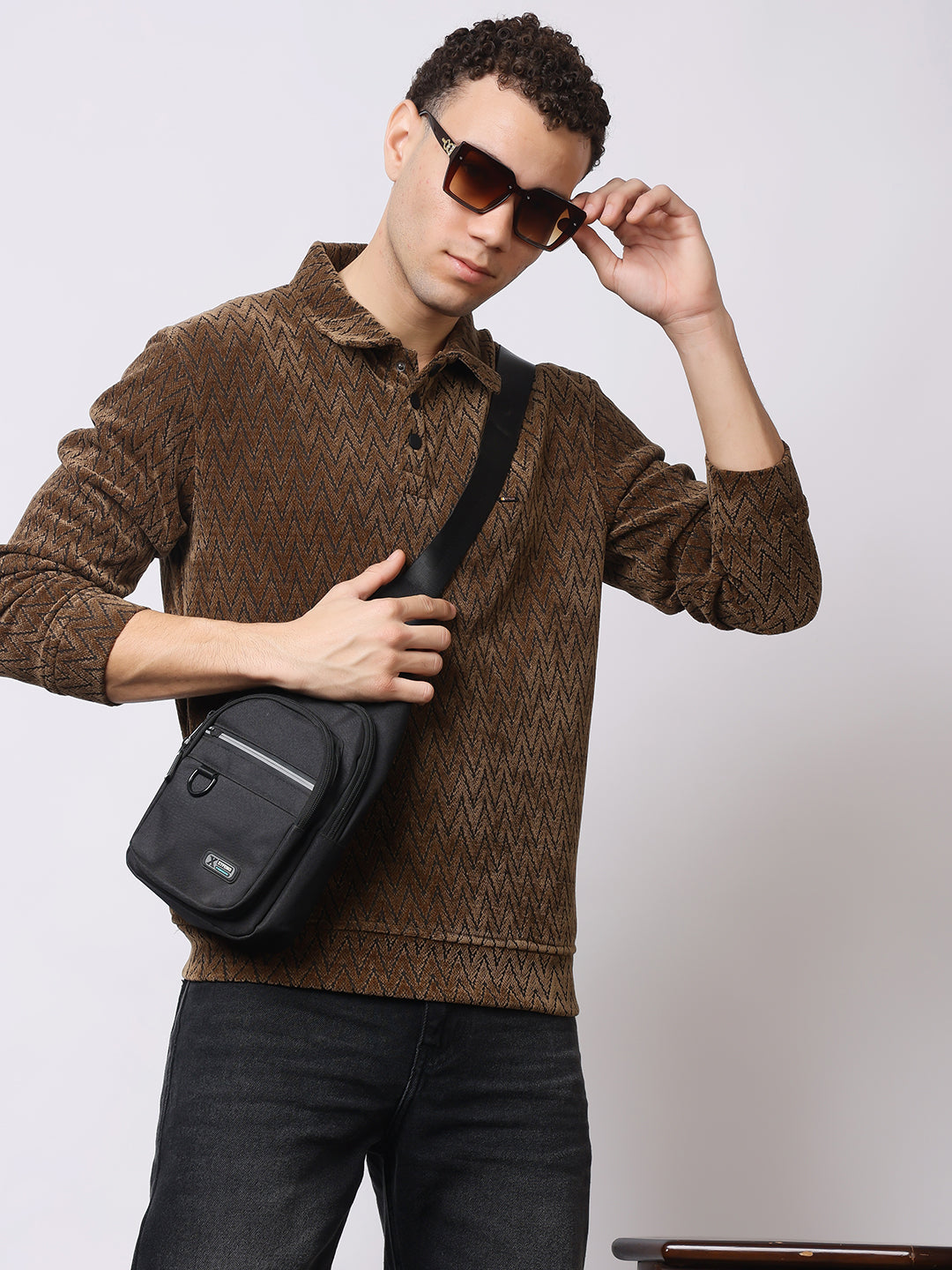 Stylox Men’s Textured Winter Sweatshirt – Chevron Pattern Pullover with Collar & Button Placket