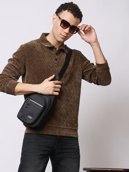 Stylox Men’s Textured Winter Sweatshirt – Chevron Pattern Pullover with Collar &amp; Button Placket