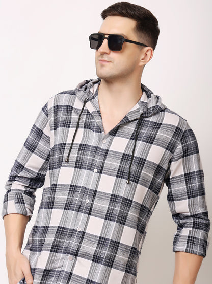 Stylox Men’s Regular Fit Hooded Check Shirt | Full Sleeve Cotton Blend Casual Checkered Shirt