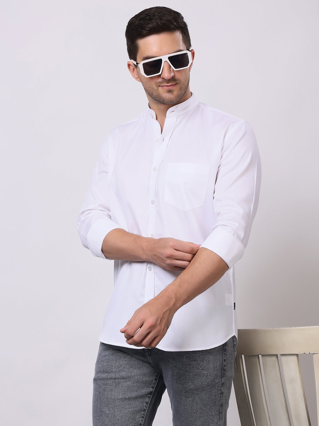 Stylox Men's Full Sleeve Solid White Casual Shirt with Mandarin Collar – Premium Cotton Blend Regular Fit Shirt for Smart & Minimal Everyday Style - Stylox