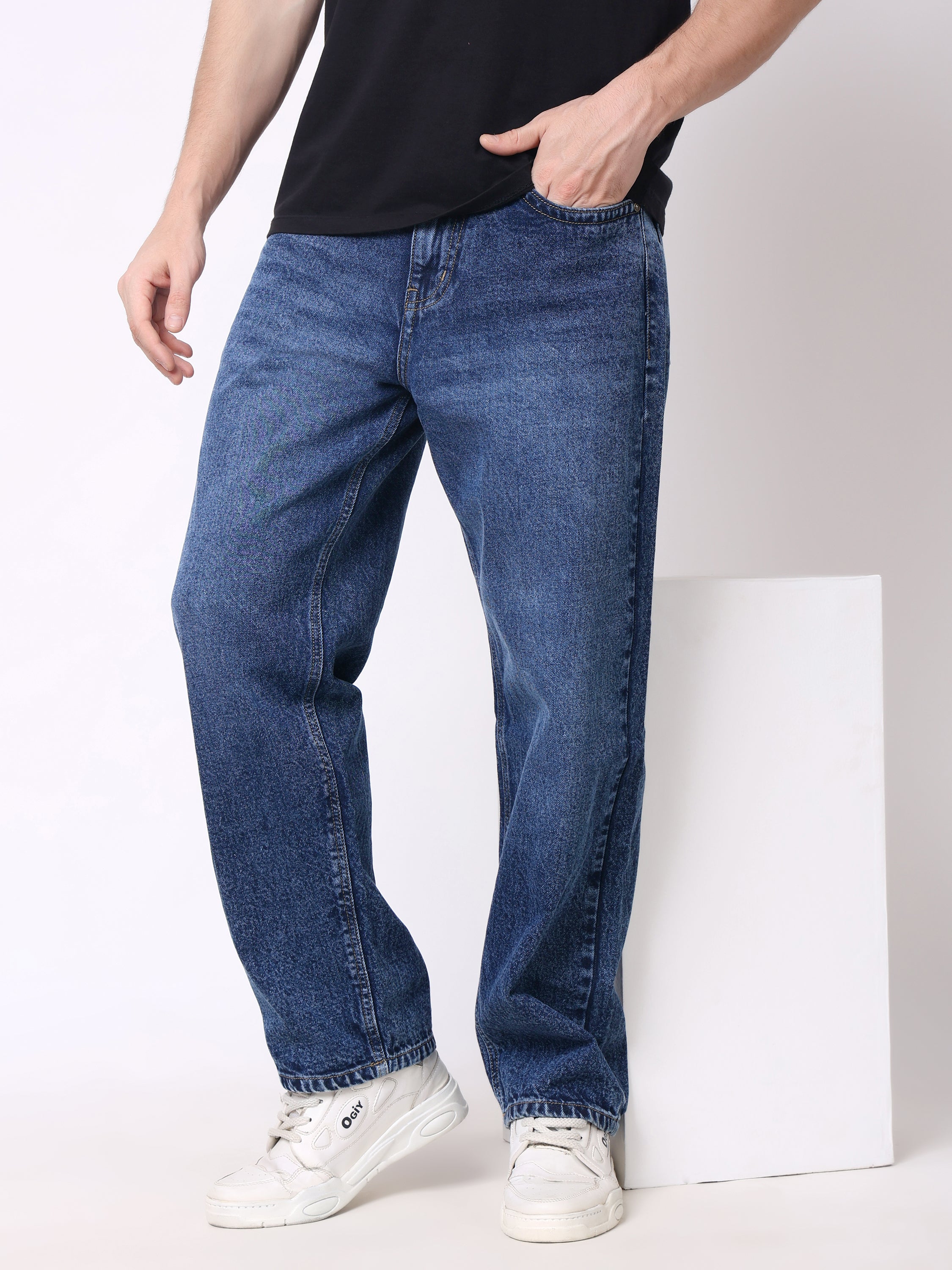 Stylox Men’s Loose Fit Non-Stretch Wide Leg Casual Denim Jeans - Stylox