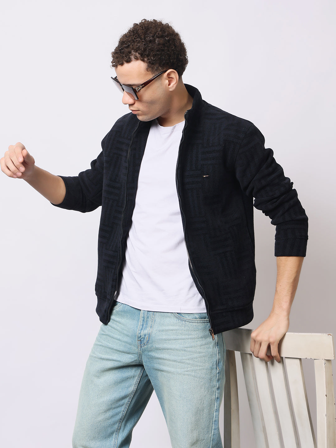 Stylox Men’s Black Textured Full-Zip Winter Jacket – Warm Fleece-Lined High Neck Sweatshirt for Casual Wear