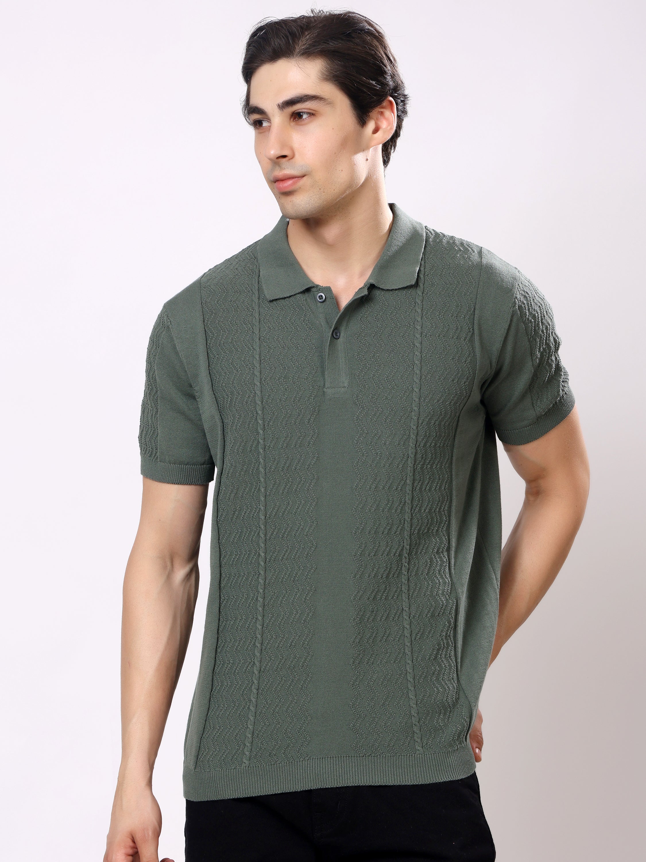 Stylox Men's Regular Fit Half Sleeve Textured Knitted Polo T-Shirt