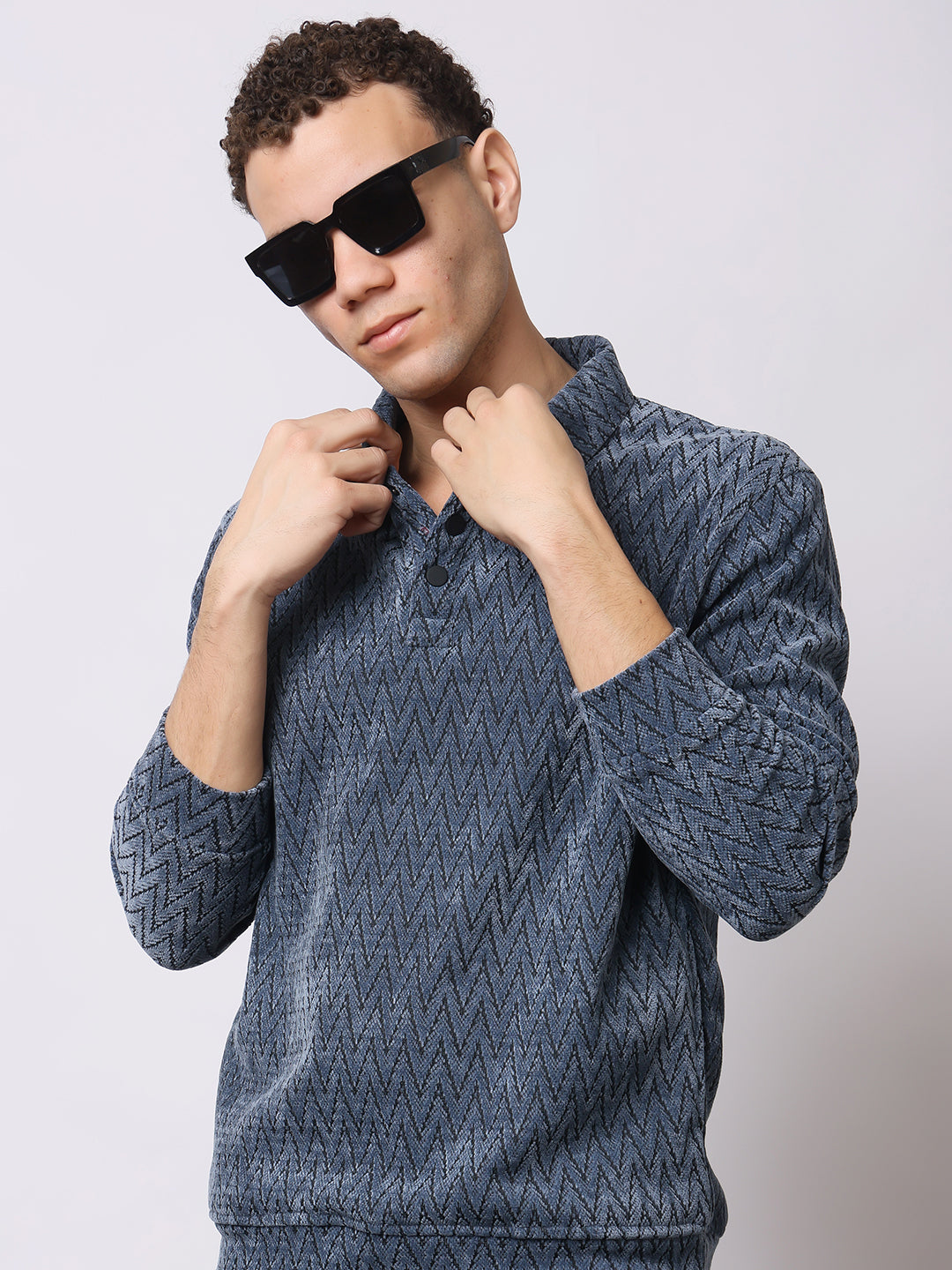 Stylox Men’s Textured Winter Sweatshirt – Chevron Pattern Pullover with Collar & Button Placket