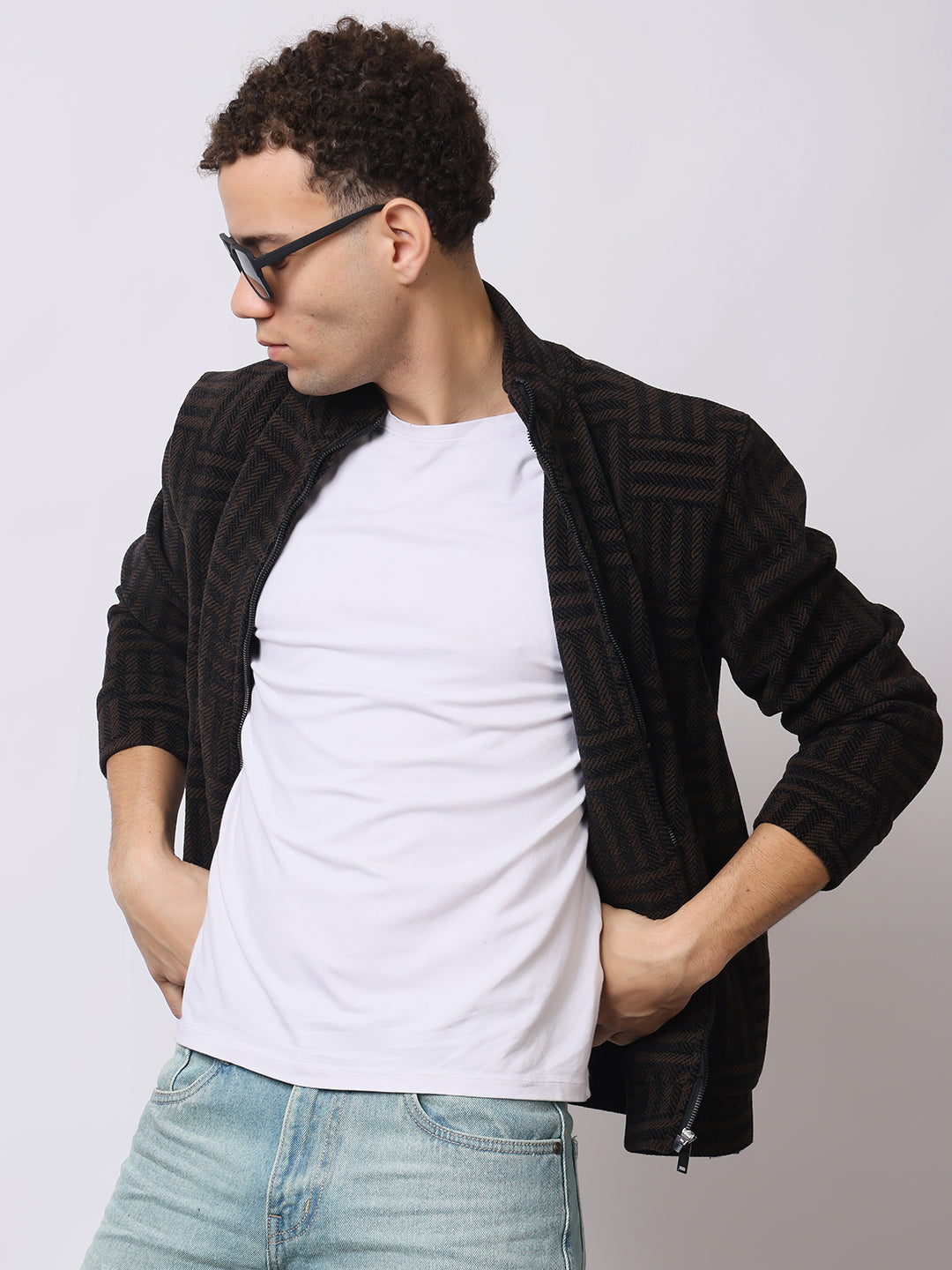 Stylox Men’s Black Textured Full-Zip Winter Jacket – Warm Fleece-Lined High Neck Sweatshirt for Casual Wear