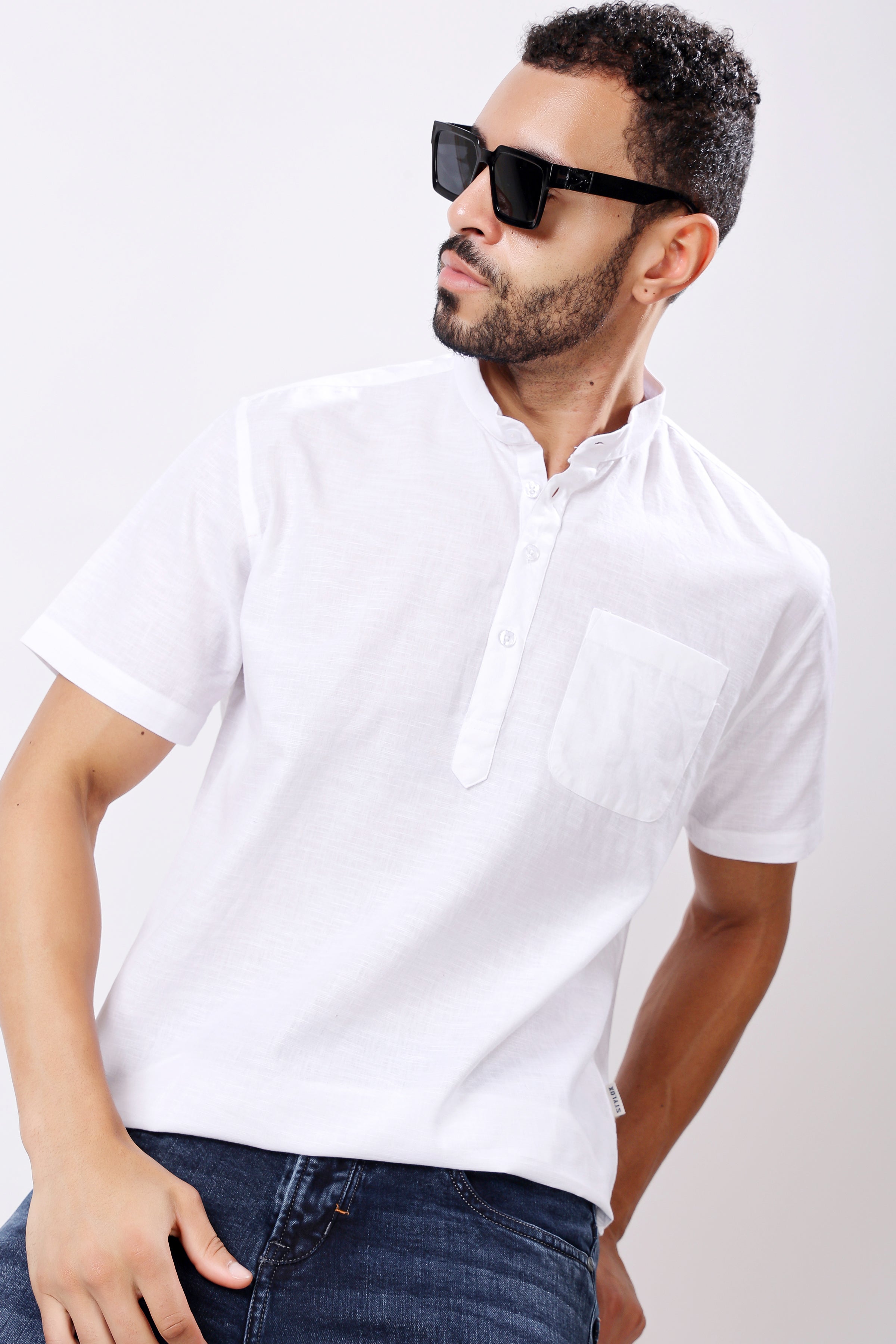 Stylox Men's Half Sleeve Solid Kurta (White) - Stylox