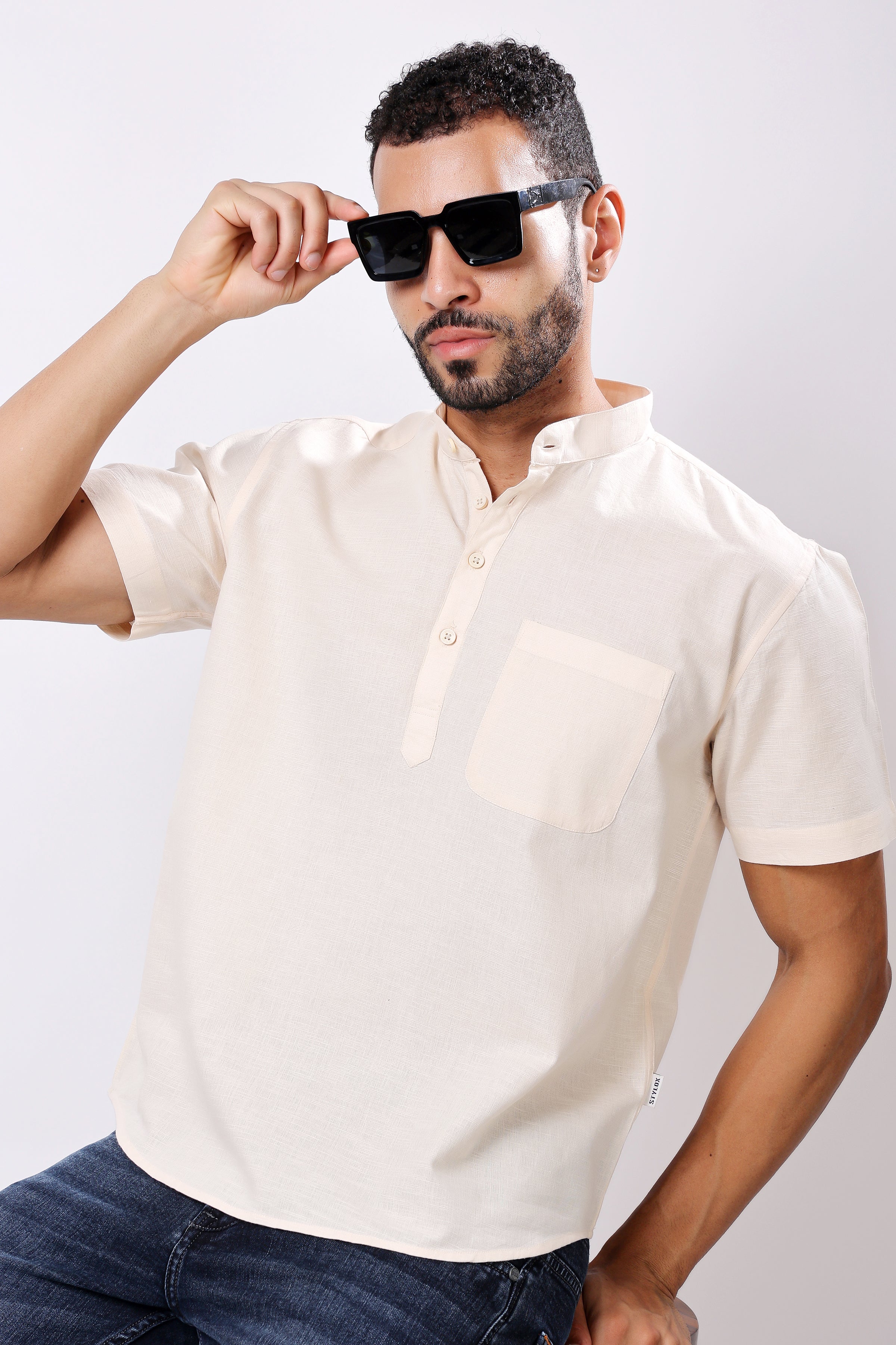 Stylox Men's Half Sleeve Solid Kurta (Beige) - Stylox