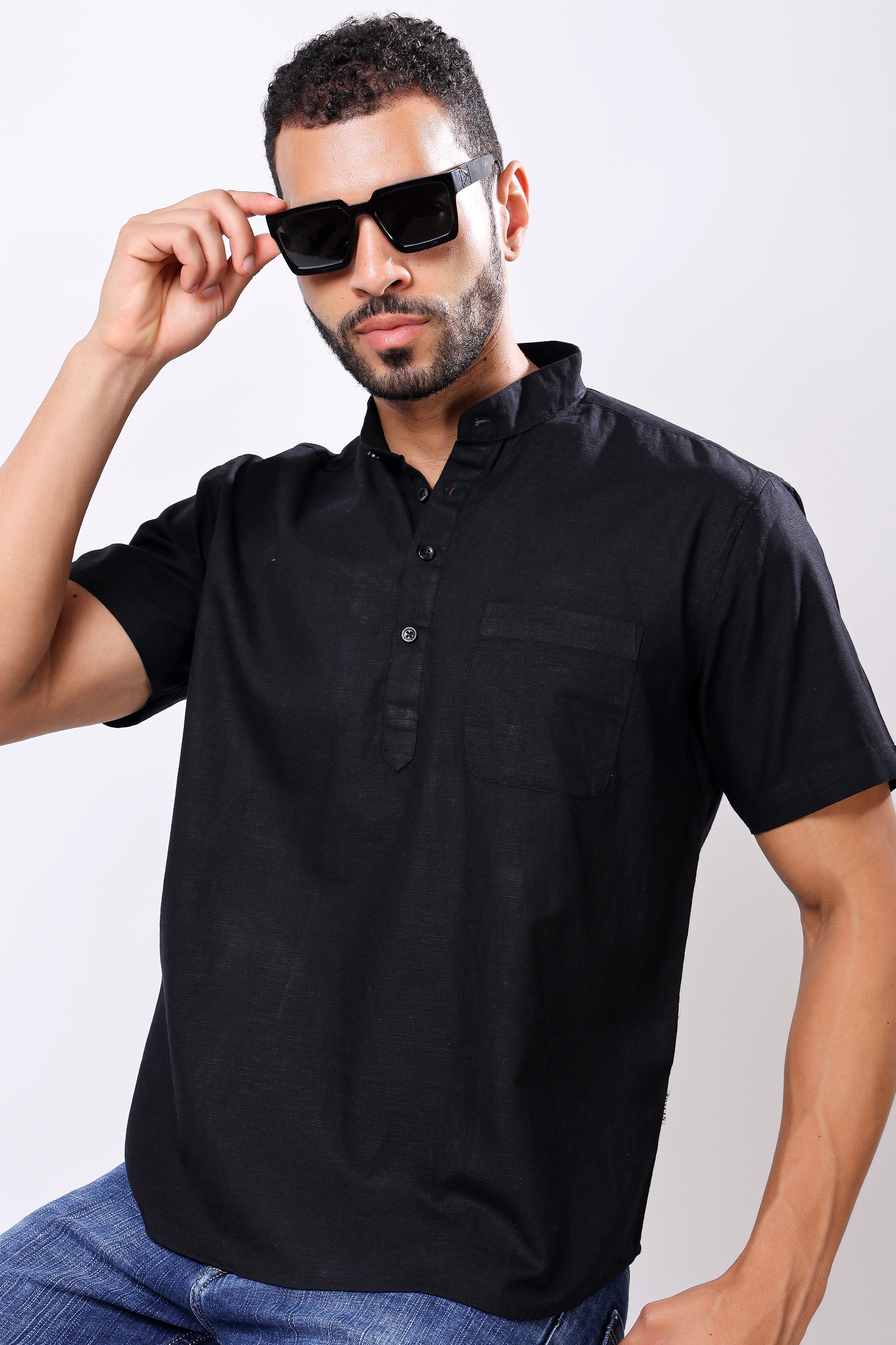 Stylox Men's Half Sleeve Solid Kurta (Black)