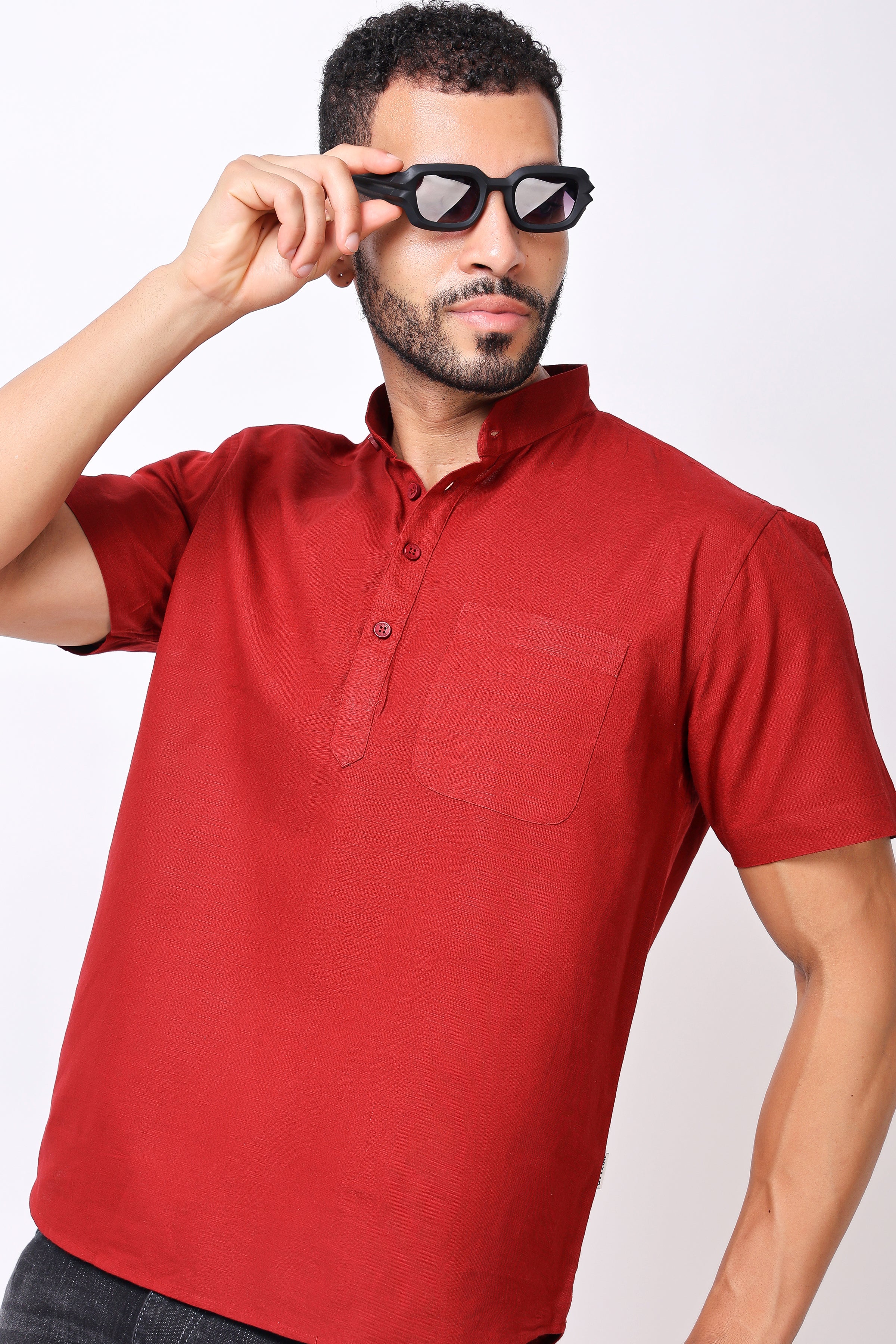 Stylox Men's Half Sleeve Solid Kurta (Red)