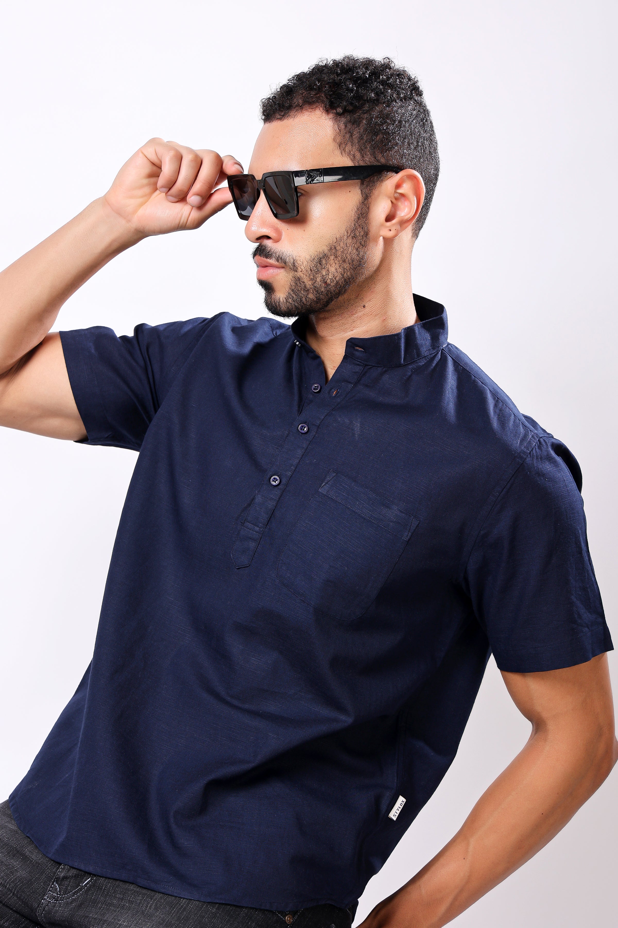 Stylox Men's Half Sleeve Solid Kurta (Navy)