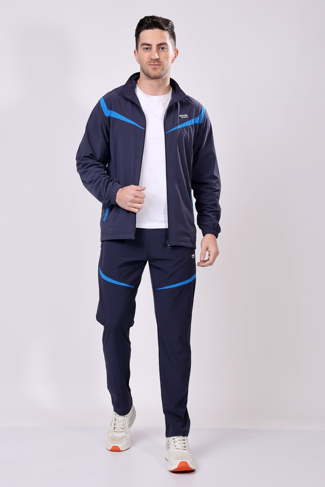 Stylox Men’s Dark Blue Tracksuit | Full Zip High Neck Jacket &amp; Track Pants Set | Lightweight Polyester Activewear for Gym, Running &amp; Training