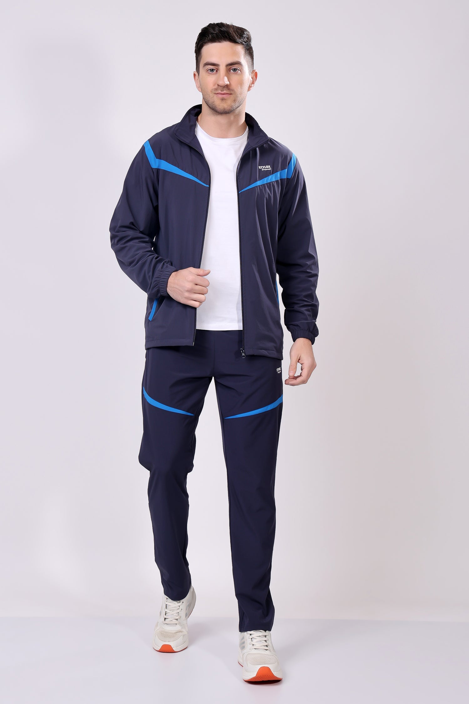 Stylox Men’s Dark Blue Tracksuit | Full Zip High Neck Jacket &amp; Track Pants Set | Lightweight Polyester Activewear for Gym, Running &amp; Training