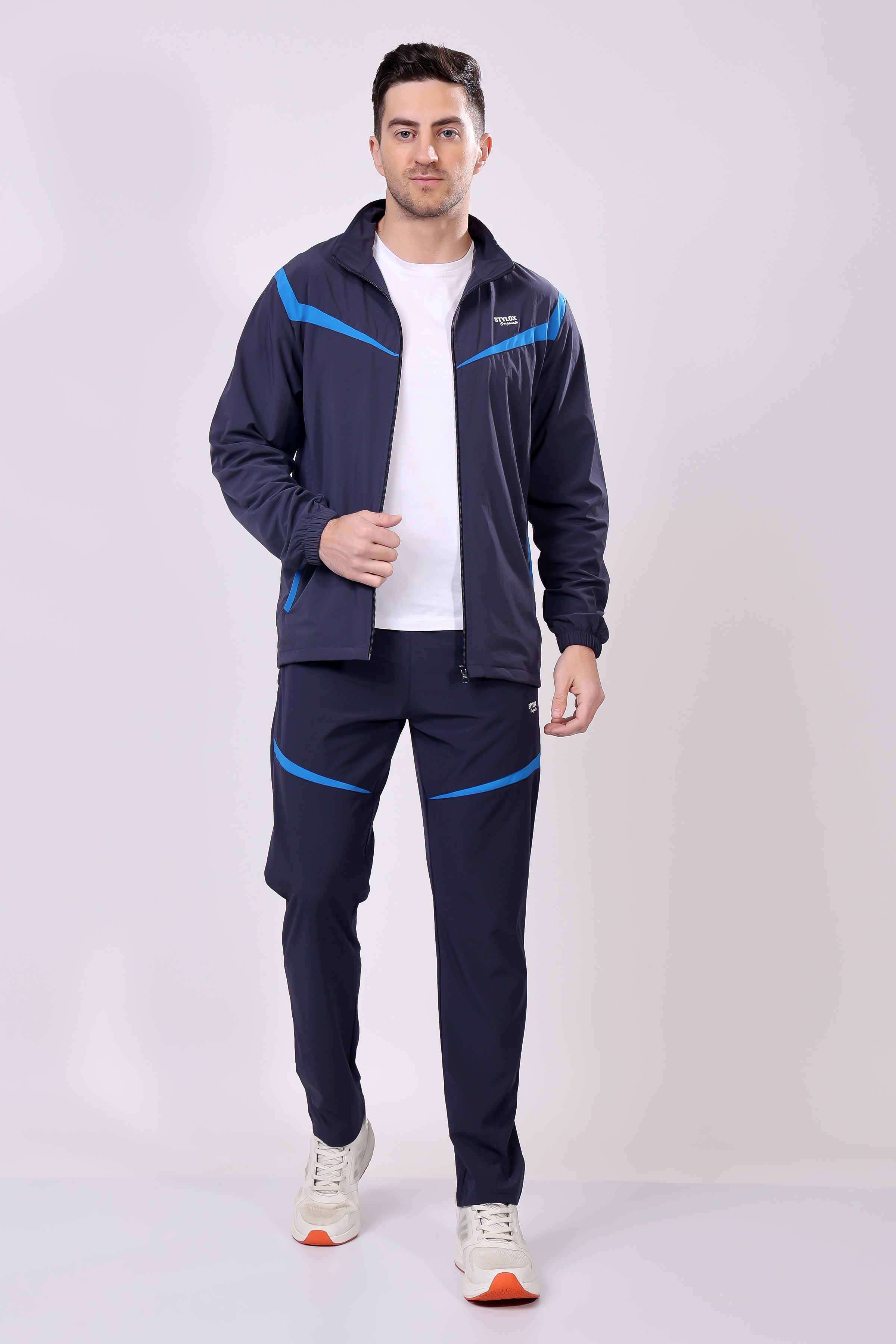 Stylox Men’s Dark Blue Tracksuit | Full Zip High Neck Jacket &amp; Track Pants Set | Lightweight Polyester Activewear for Gym, Running &amp; Training