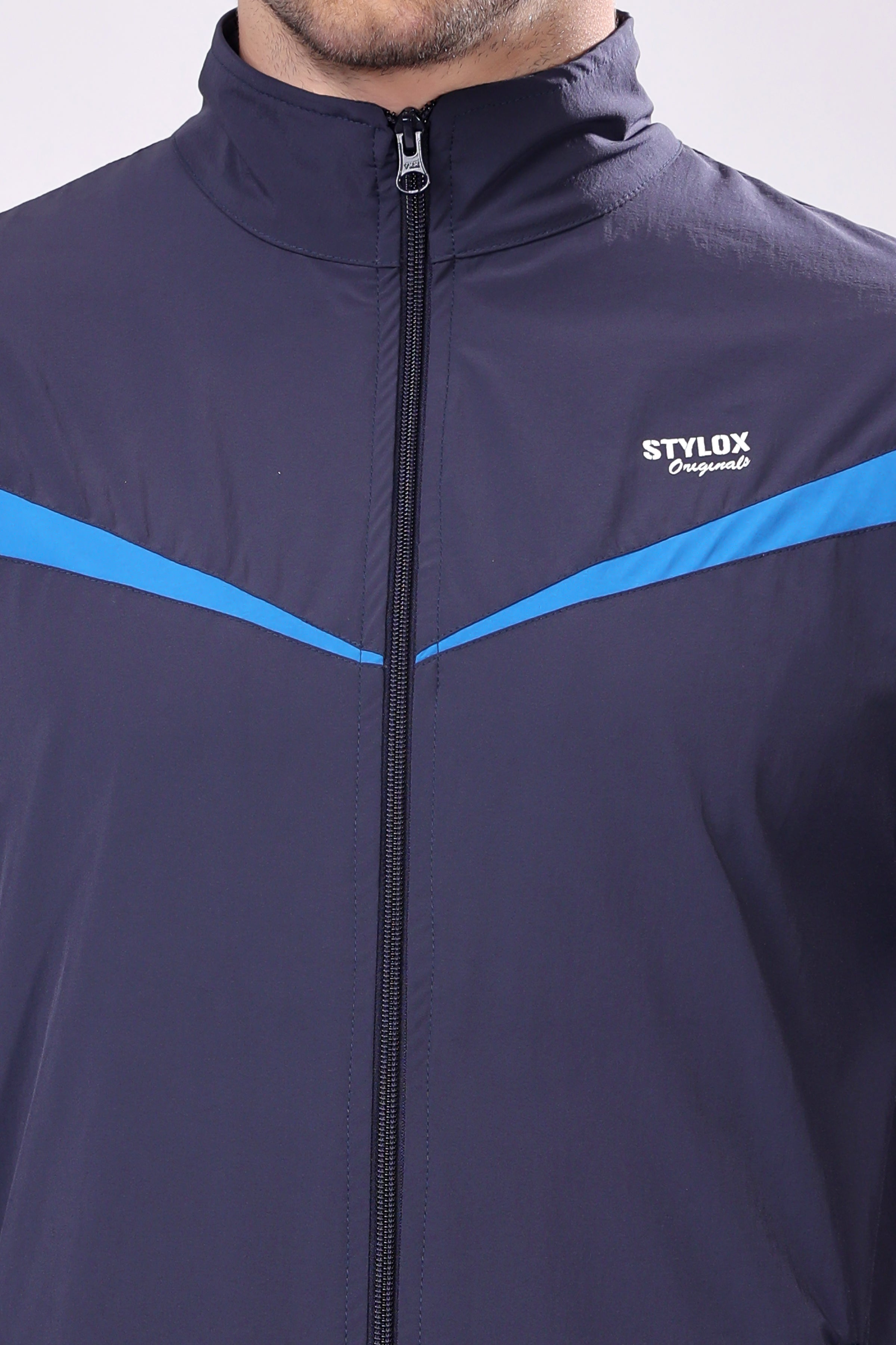 Stylox Men’s Dark Blue Tracksuit | Full Zip High Neck Jacket & Track Pants Set | Lightweight Polyester Activewear for Gym, Running & Training - Stylox
