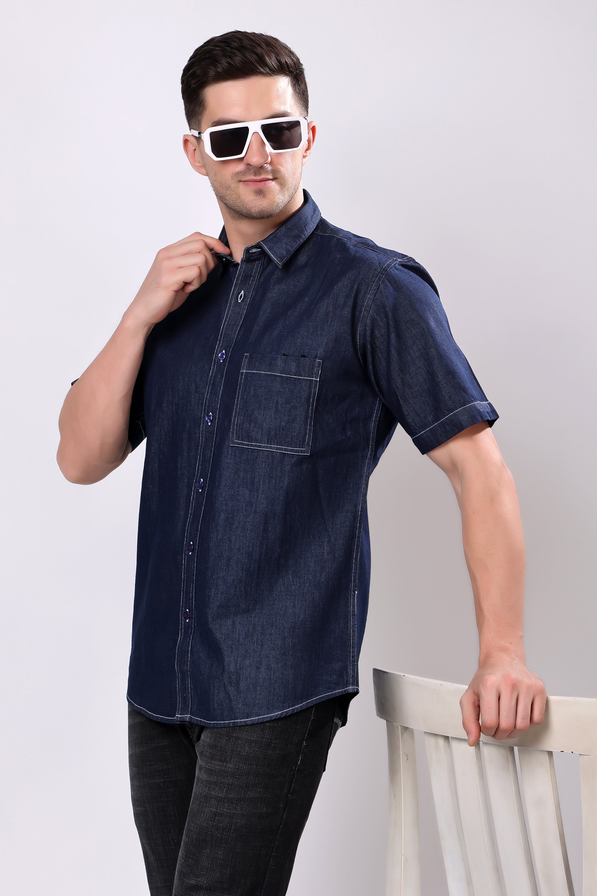 Stylox Men’s Denim Half Sleeve Casual Shirt – Classic Style & Comfortable Fit - Stylox