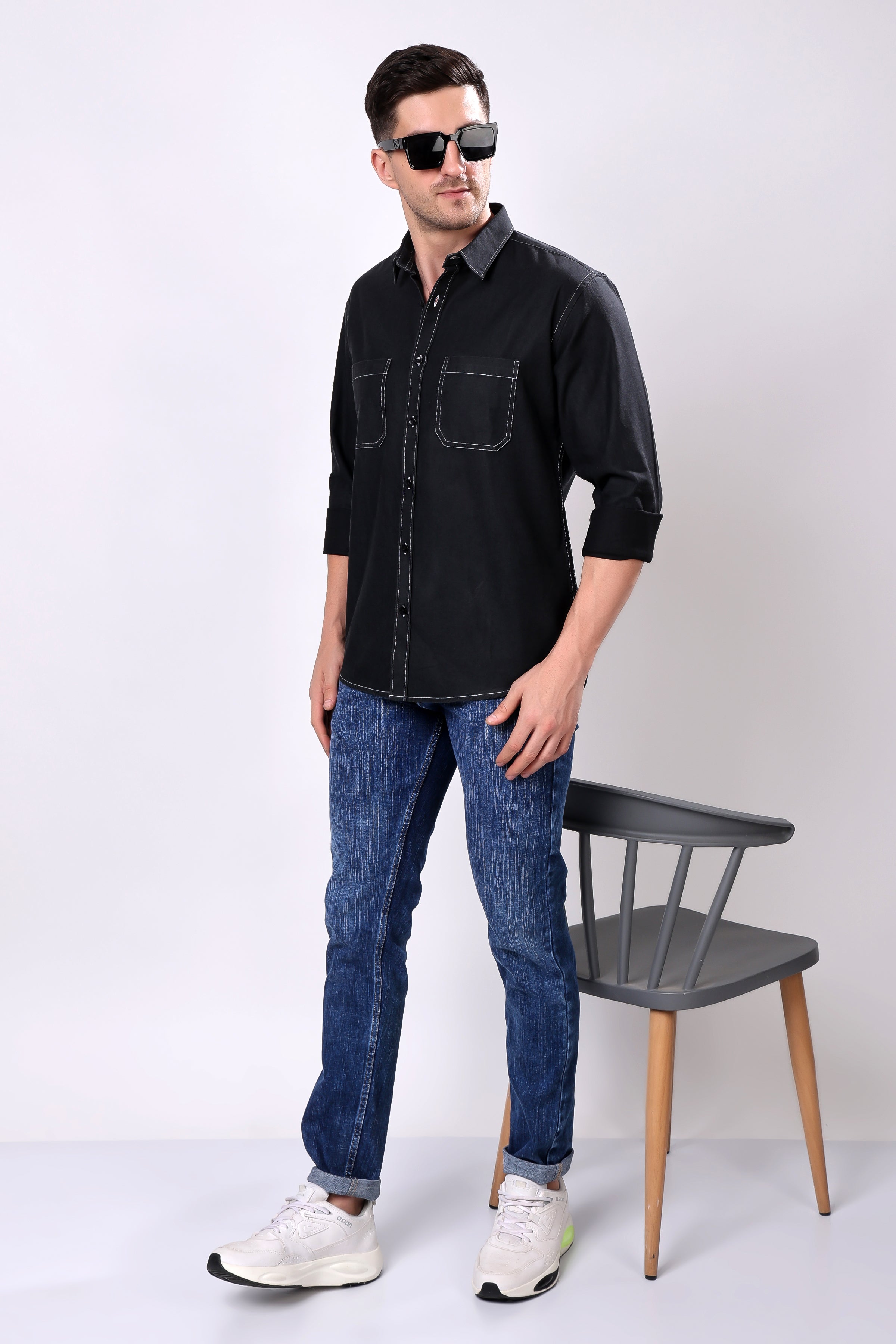 Stylox Men's Solid Denim Full Sleeve Casual Shirt with Double Chest Pockets – Premium Cotton Denim Shirt for Rugged Everyday Style - Stylox