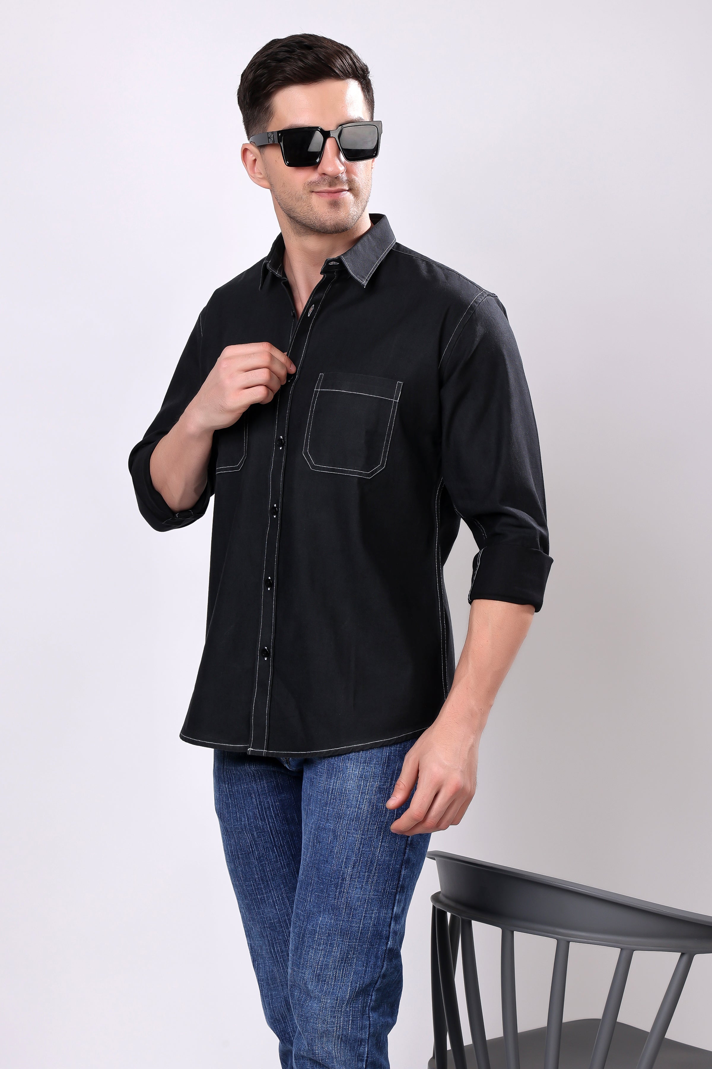 Stylox Men's Solid Denim Full Sleeve Casual Shirt with Double Chest Pockets – Premium Cotton Denim Shirt for Rugged Everyday Style - Stylox