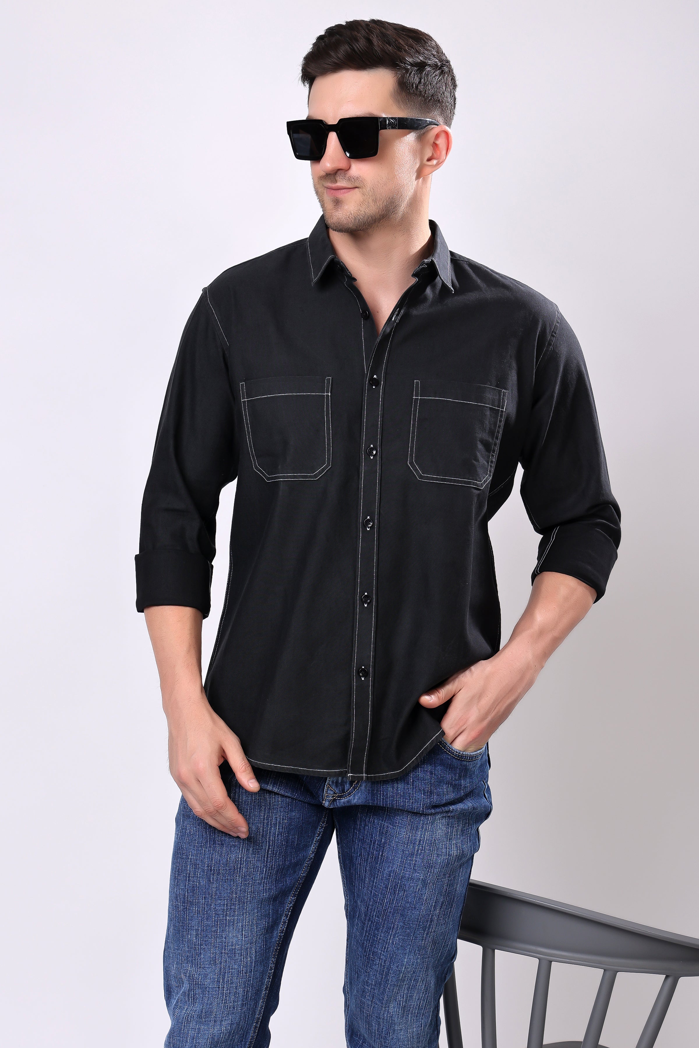 Stylox Men's Solid Denim Full Sleeve Casual Shirt with Double Chest Pockets – Premium Cotton Denim Shirt for Rugged Everyday Style - Stylox