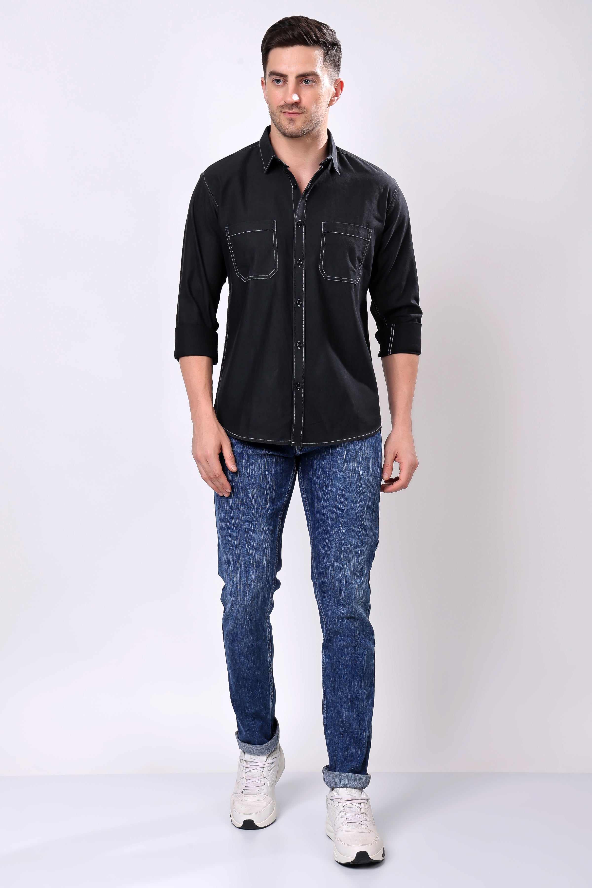 Stylox Men's Solid Denim Full Sleeve Casual Shirt with Double Chest Pockets – Premium Cotton Denim Shirt for Rugged Everyday Style - Stylox